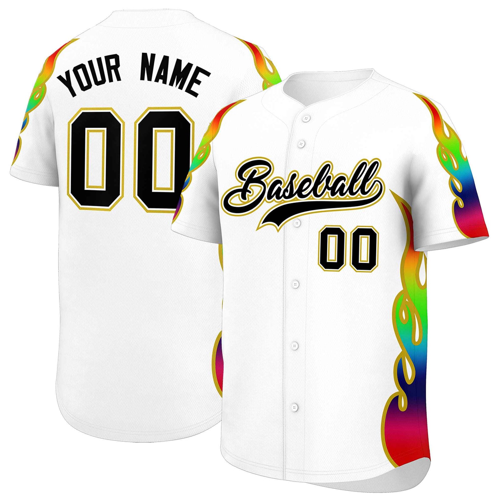 Custom White Graffiti Pattern Personalized Multicolored Flames Print Authentic Baseball Jersey