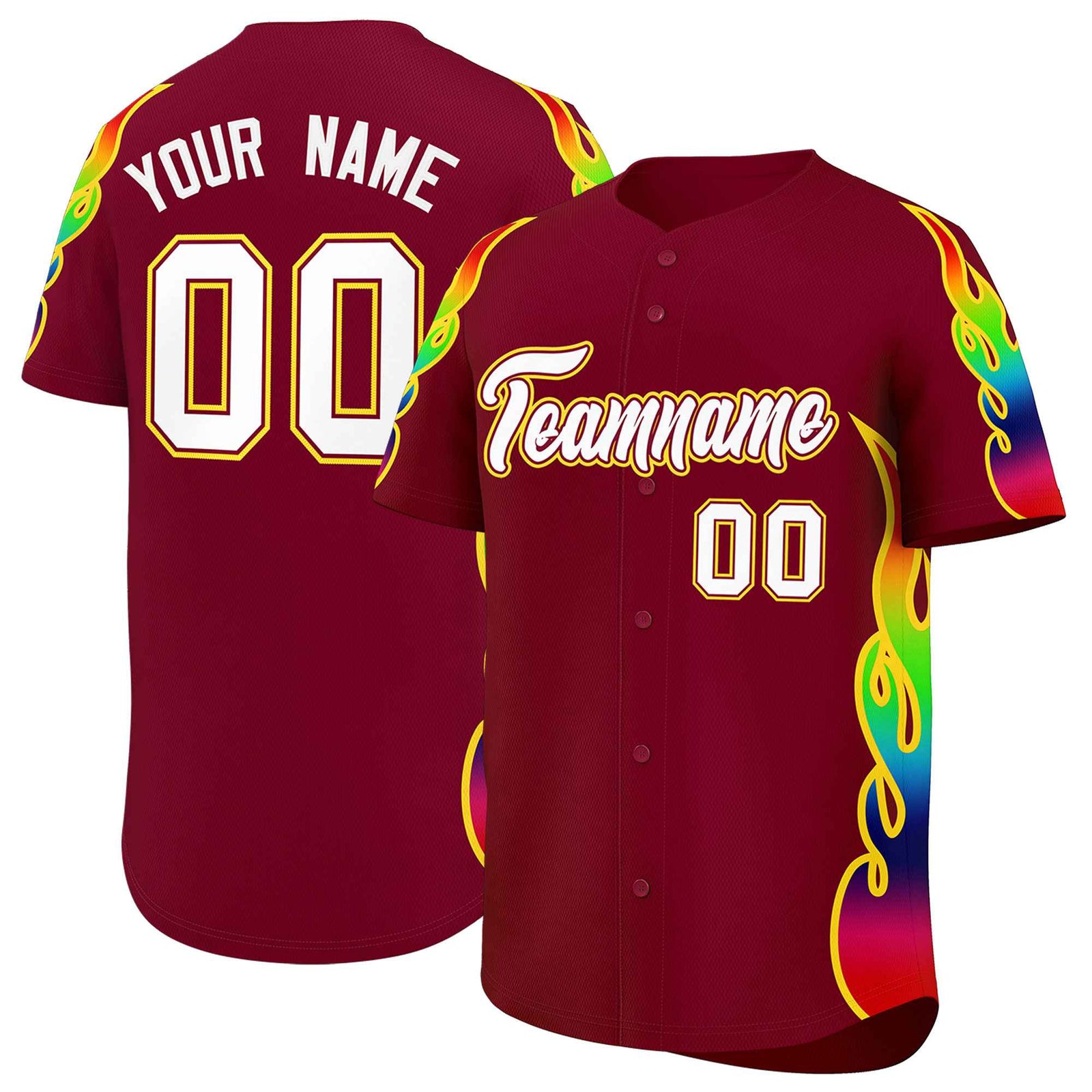 Custom Crimson Graffiti Pattern Personalized Multicolored Flames Print Authentic Baseball Jersey