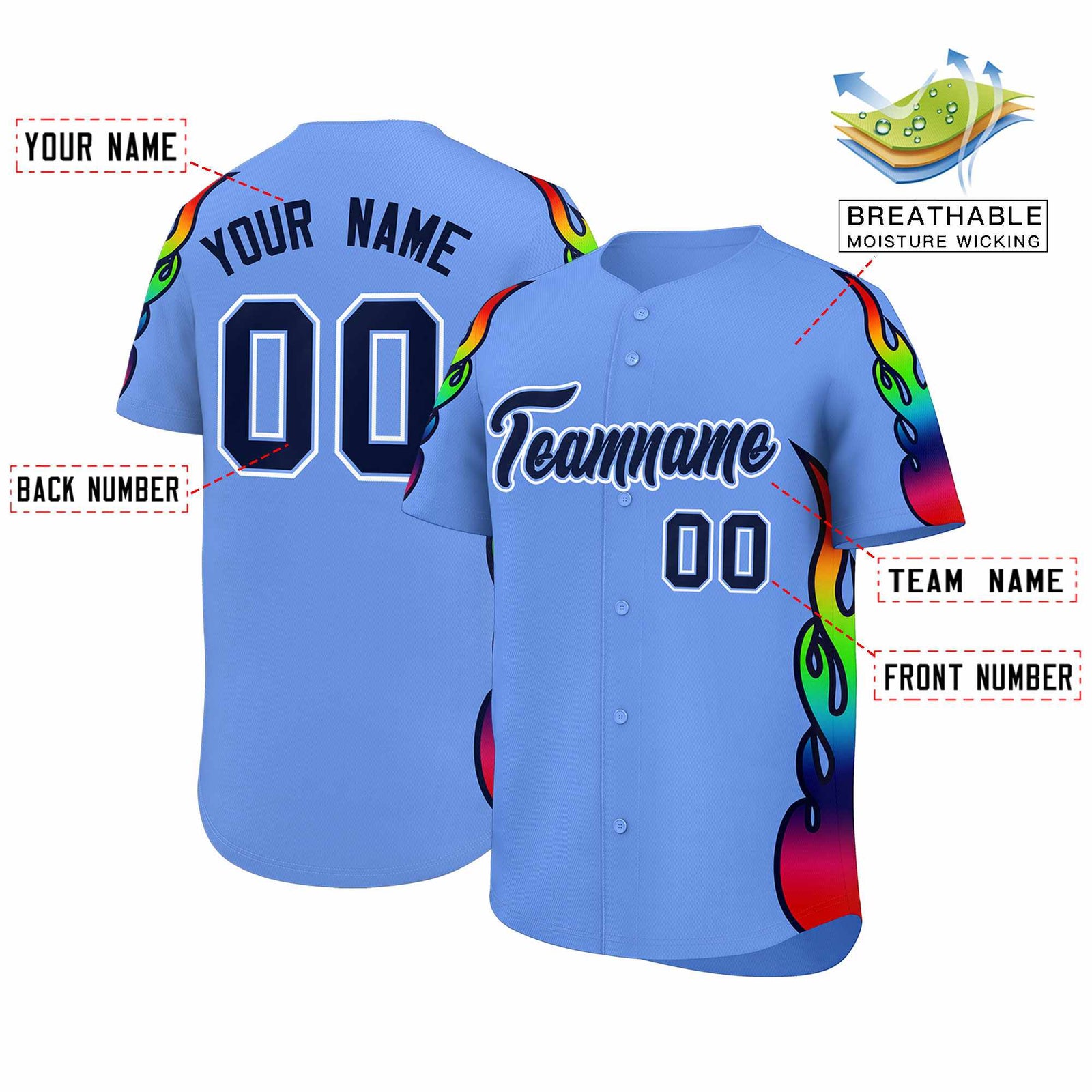 Custom Light Blue Graffiti Pattern Personalized Multicolored Flames Print Authentic Baseball Jersey