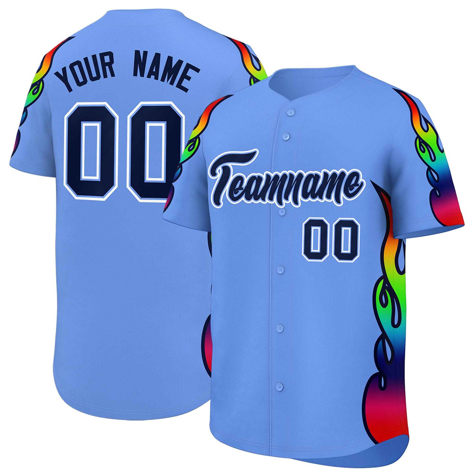 Custom Light Blue Graffiti Pattern Personalized Multicolored Flames Print Authentic Baseball Jersey