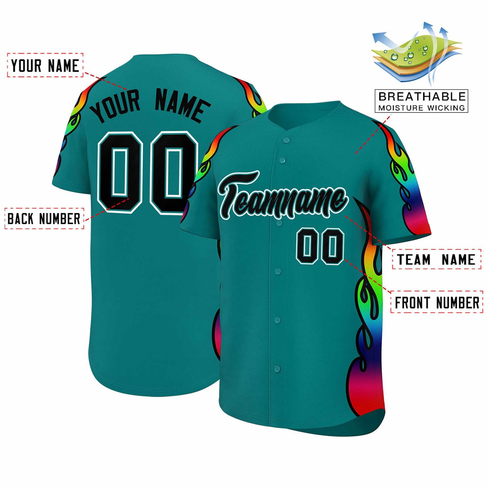 Custom Aqua Graffiti Pattern Personalized Multicolored Flames Print Authentic Baseball Jersey