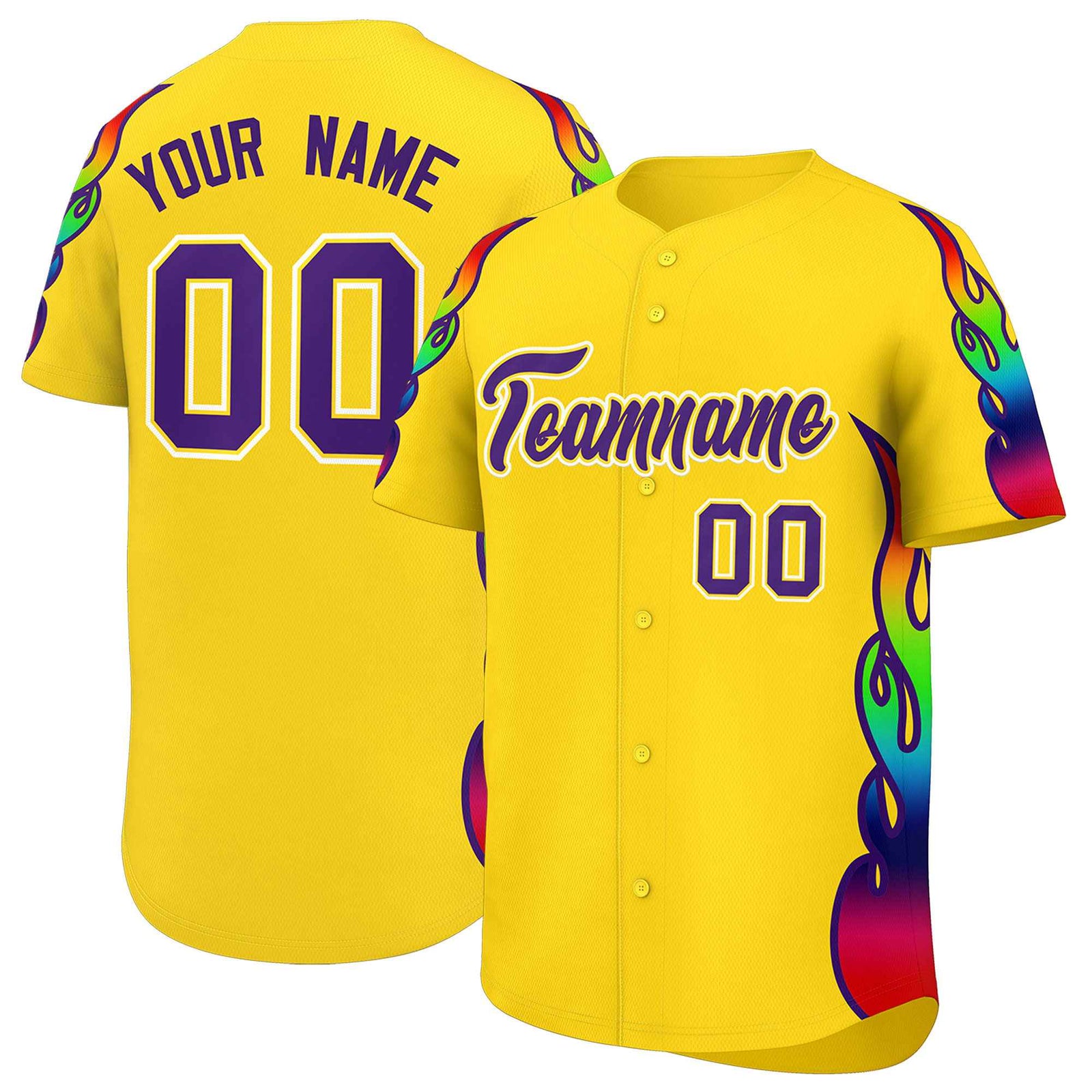 Custom Gold Graffiti Pattern Personalized Multicolored Flames Print Authentic Baseball Jersey