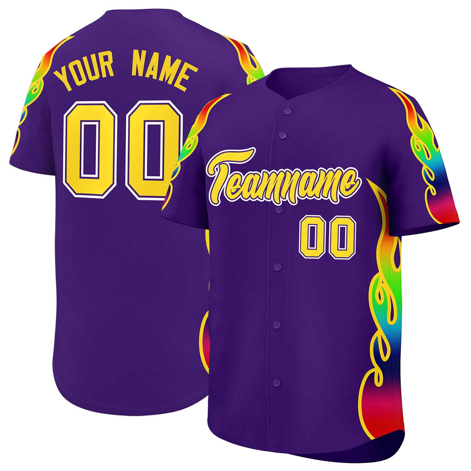 Custom Purple Graffiti Pattern Personalized Multicolored Flames Print Authentic Baseball Jersey