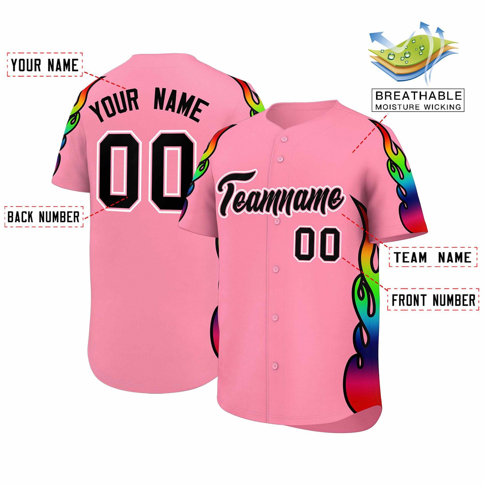 Custom Light Pink Graffiti Pattern Personalized Multicolored Flames Print Authentic Baseball Jersey