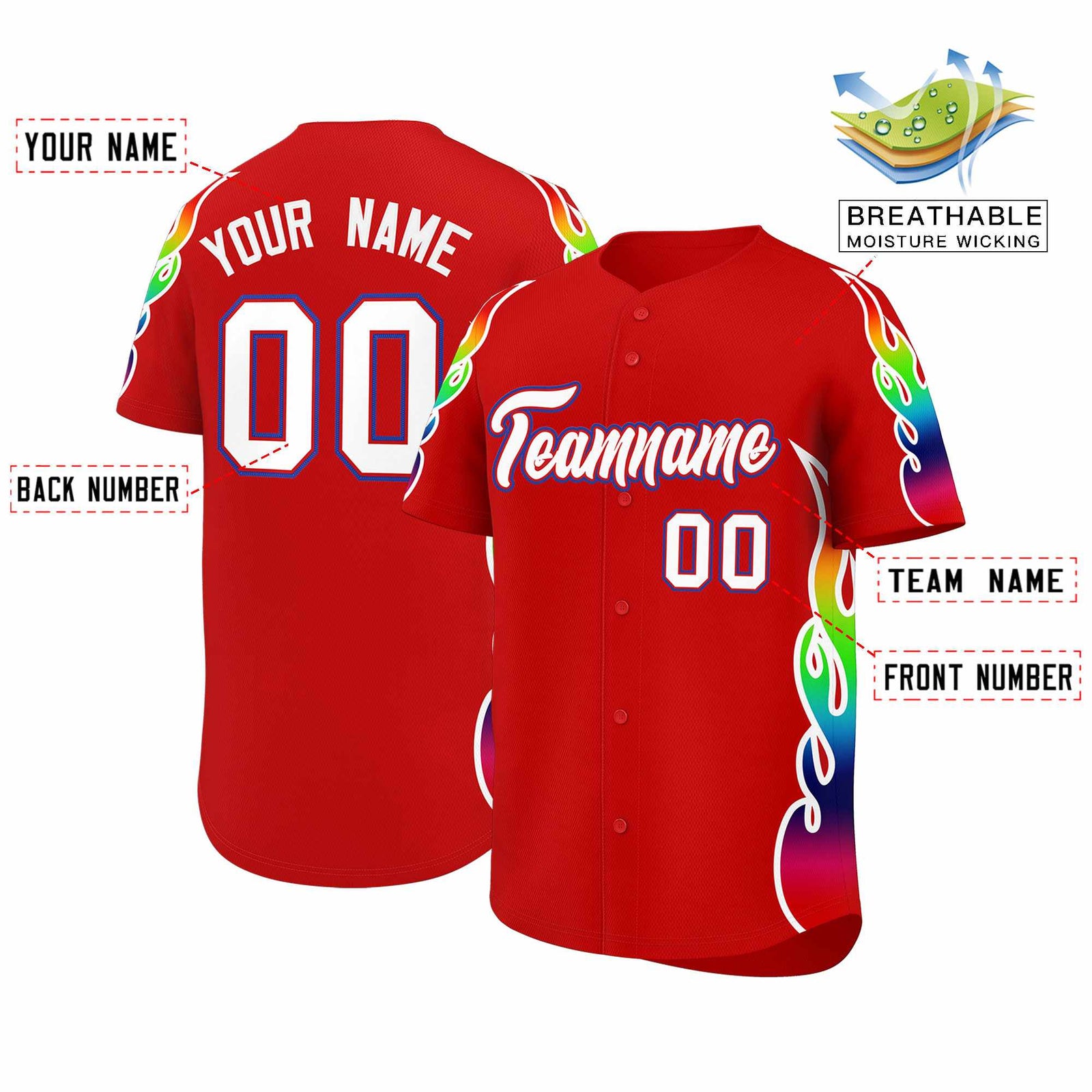 Custom Red Graffiti Pattern Personalized Multicolored Flames Print Authentic Baseball Jersey