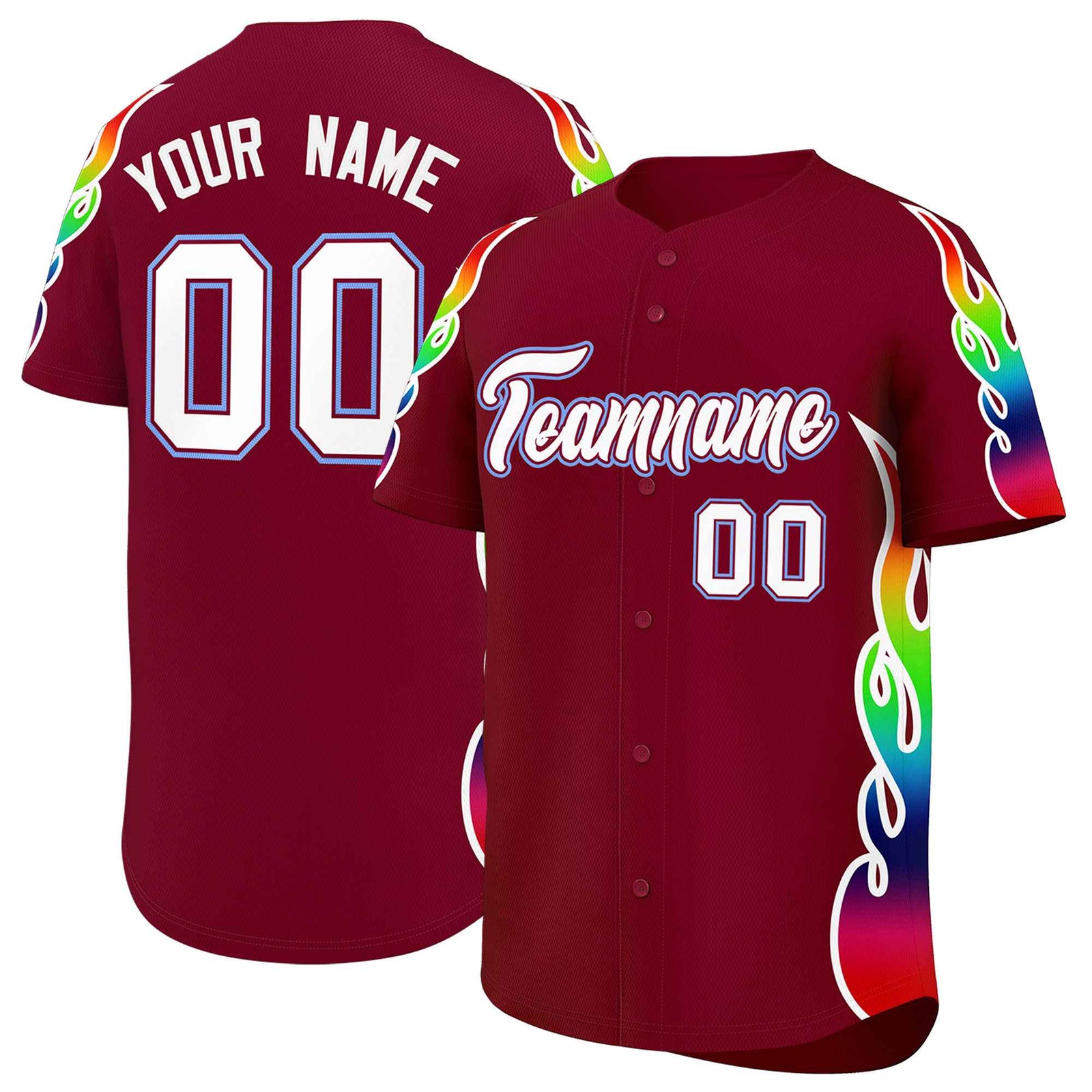 Custom Crimson Graffiti Pattern Personalized Multicolored Flames Print Authentic Baseball Jersey