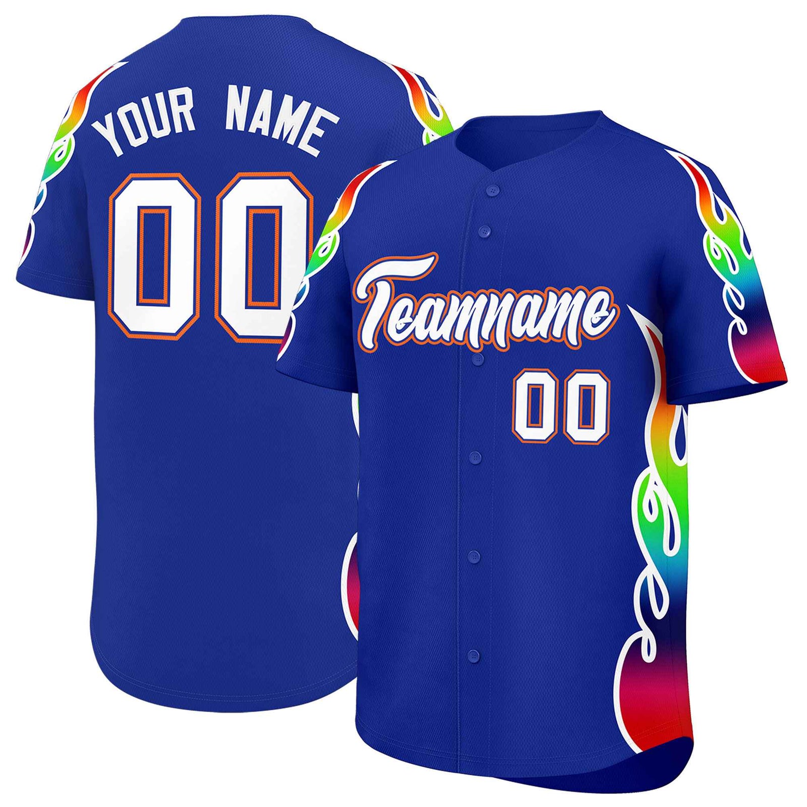 Custom Royal Graffiti Pattern Personalized Multicolored Flames Print Authentic Baseball Jersey
