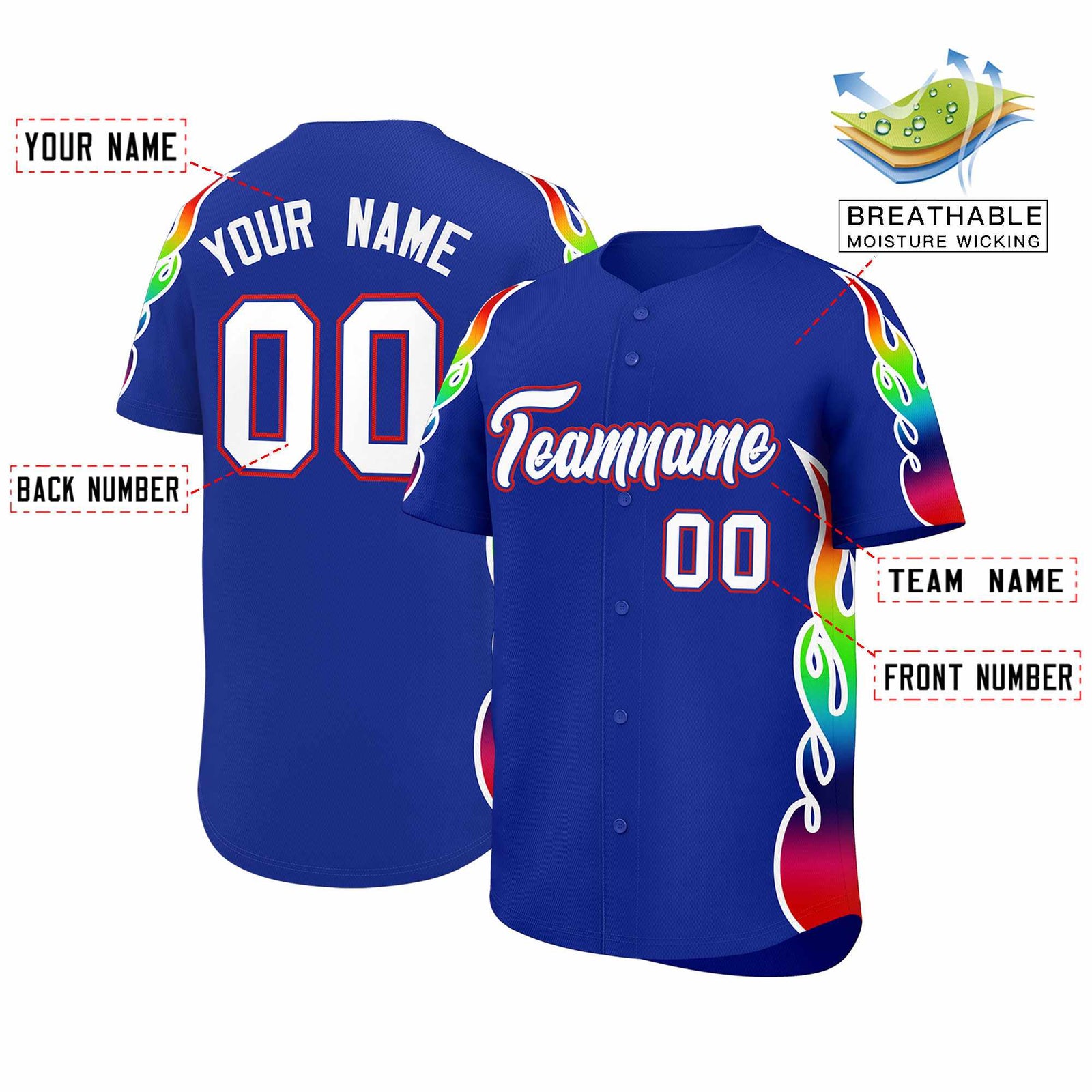 Custom Royal Graffiti Pattern Personalized Multicolored Flames Print Authentic Baseball Jersey