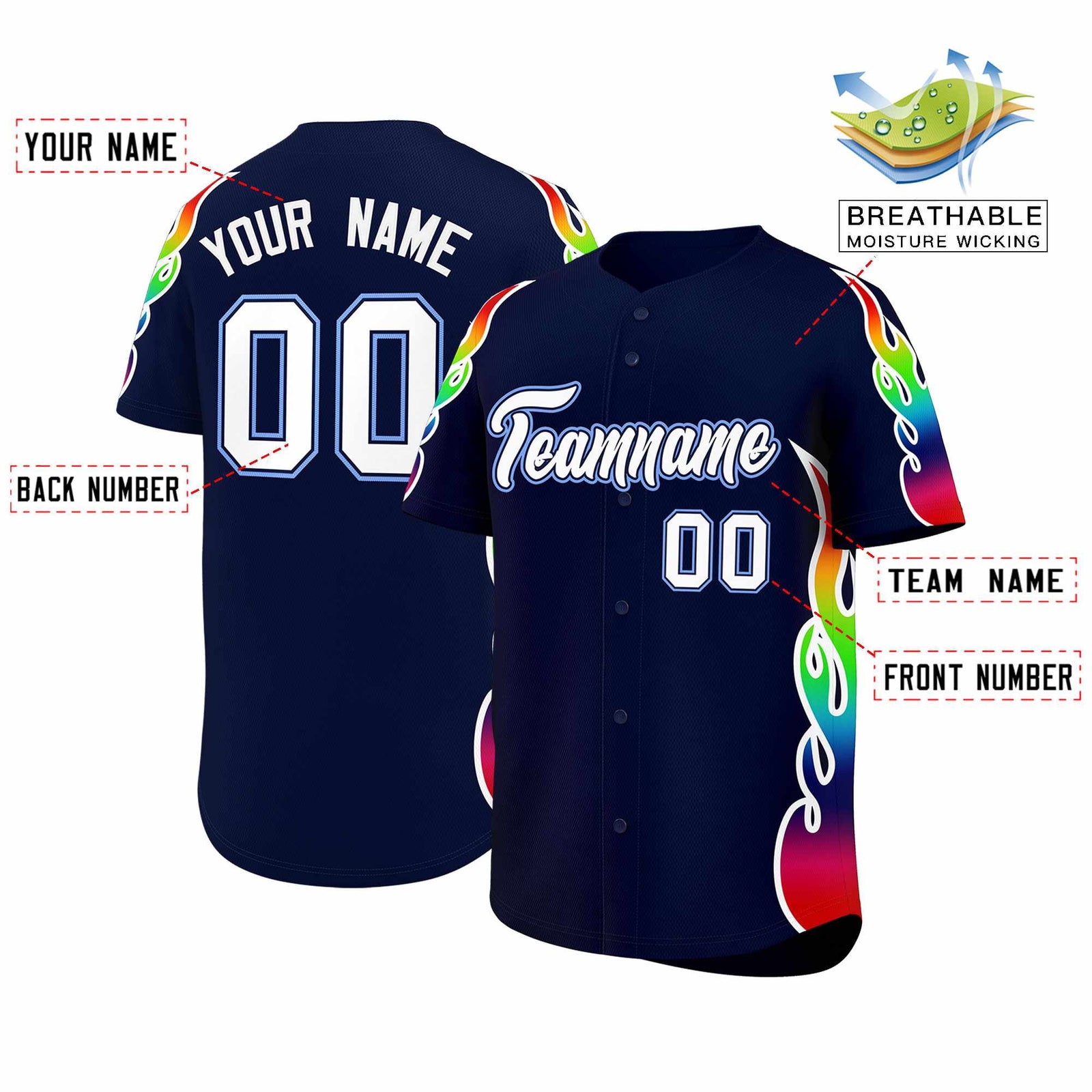 Custom Navy Graffiti Pattern Personalized Multicolored Flames Print Authentic Baseball Jersey