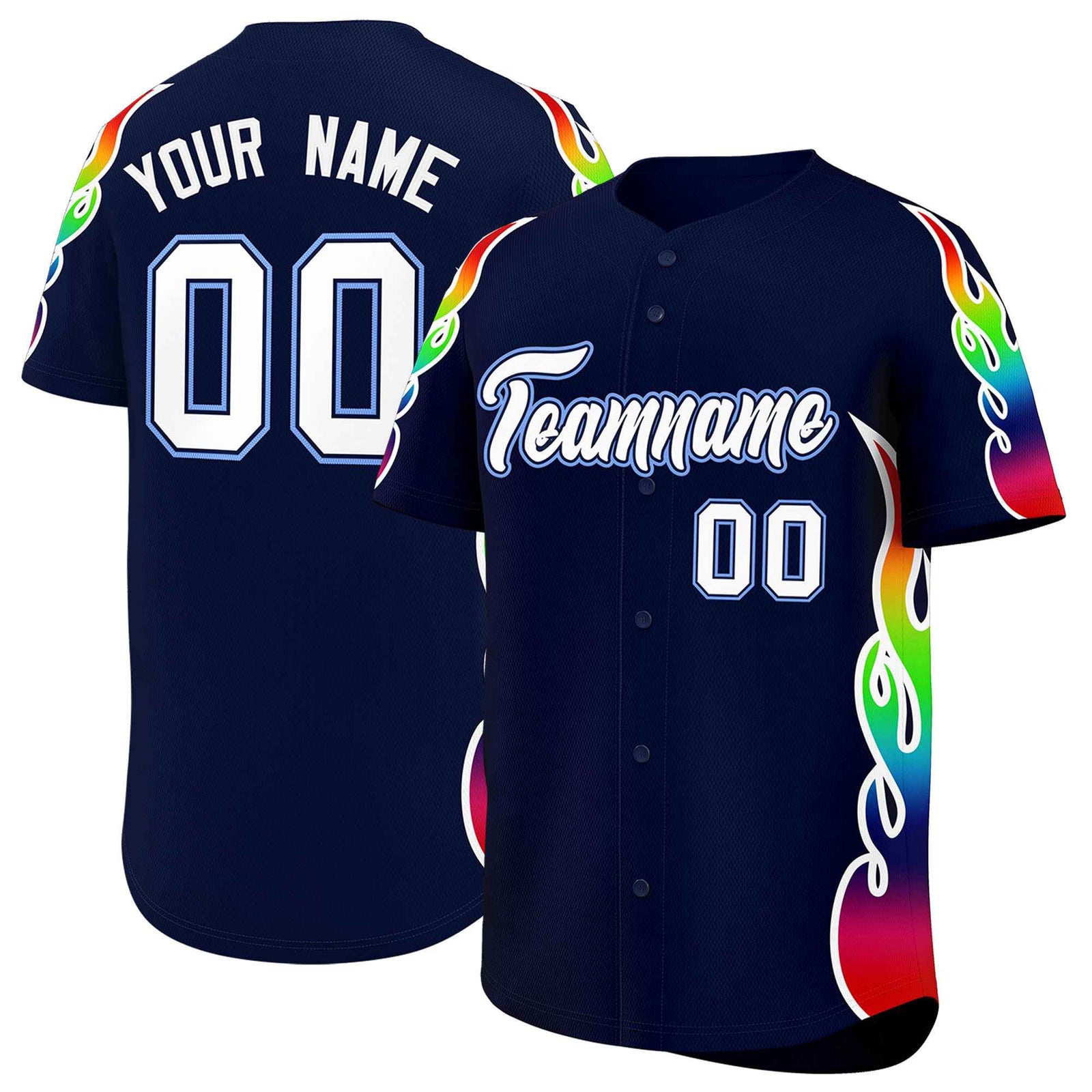 Custom Navy Graffiti Pattern Personalized Multicolored Flames Print Authentic Baseball Jersey
