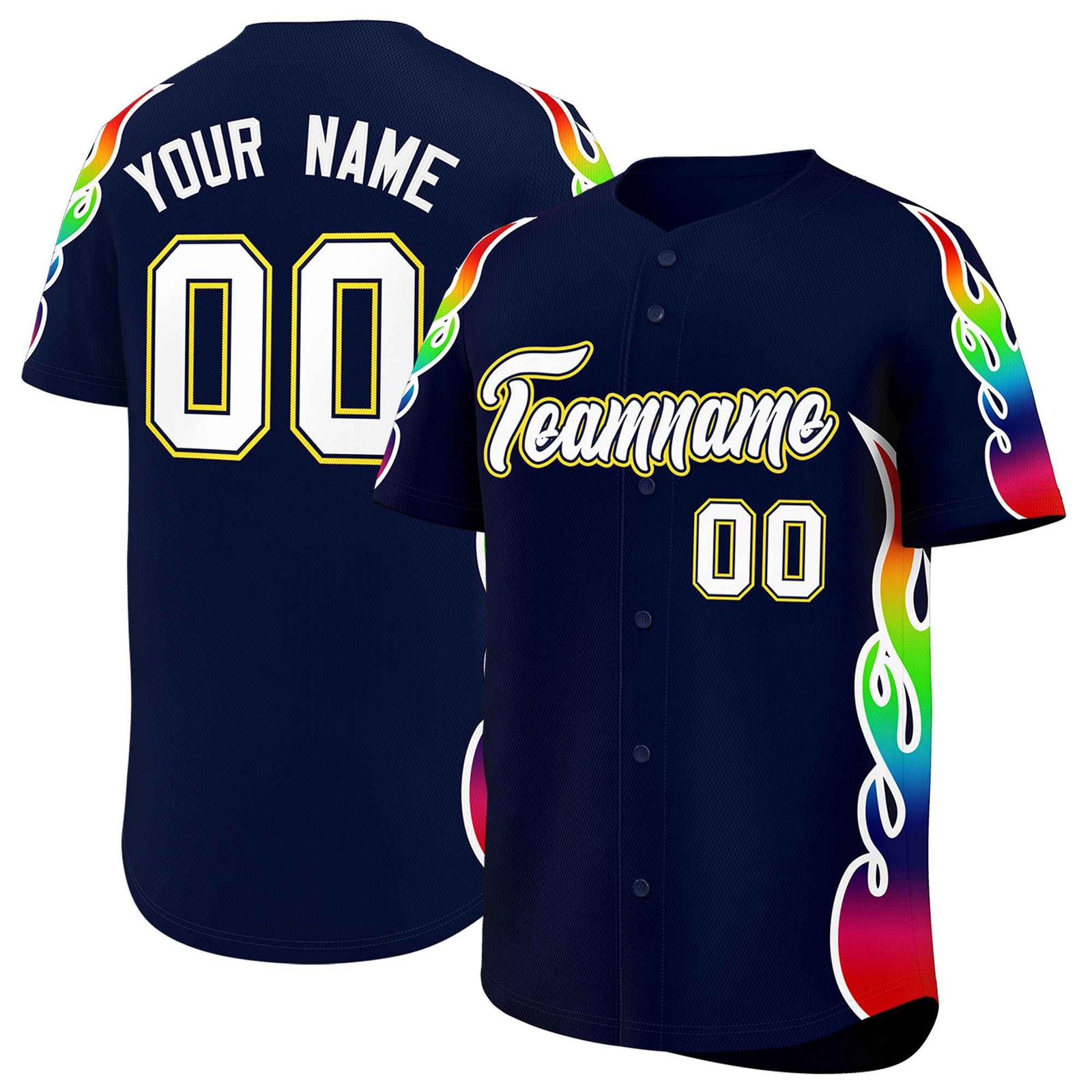 Custom Navy Graffiti Pattern Personalized Multicolored Flames Print Authentic Baseball Jersey