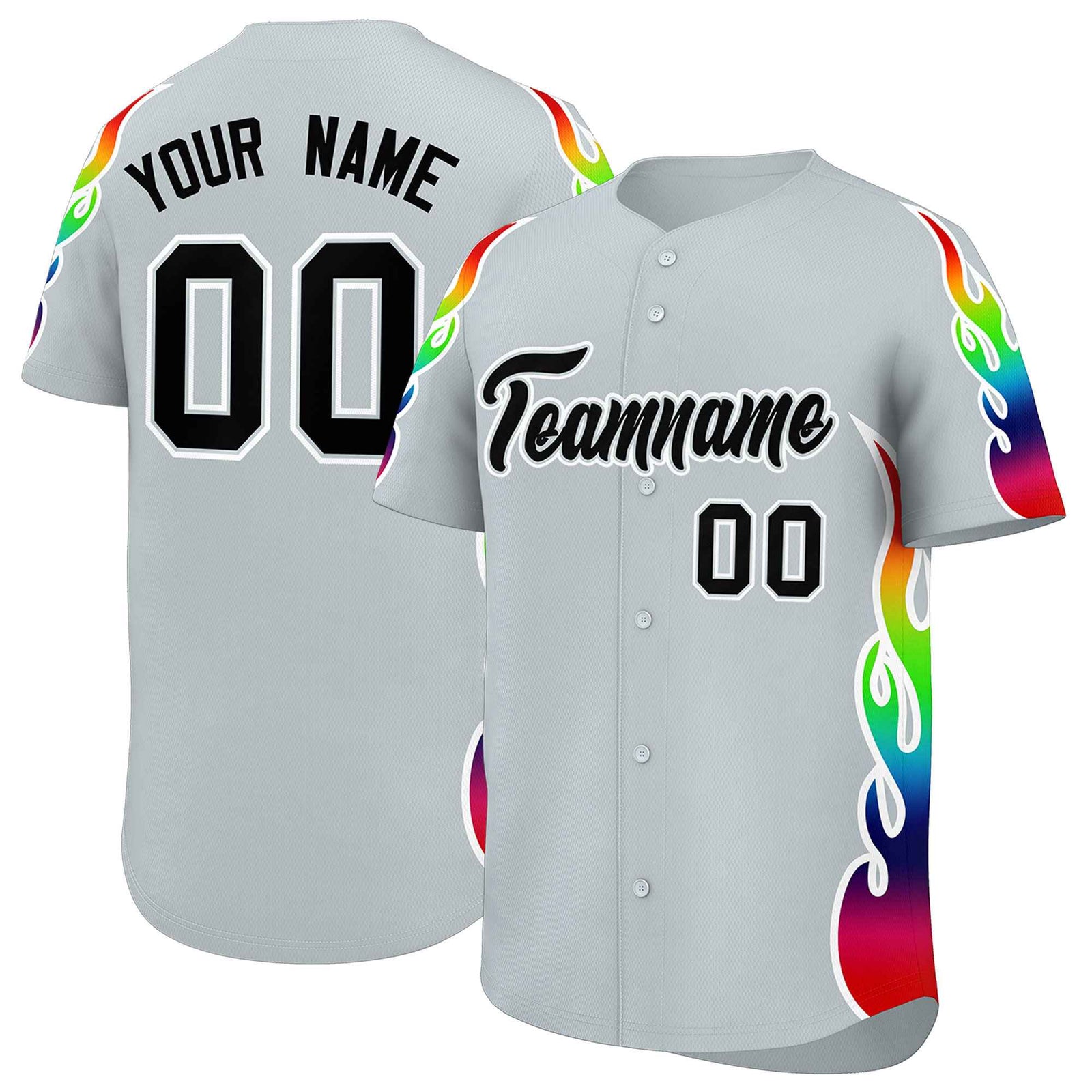 Custom Silver Graffiti Pattern Personalized Multicolored Flames Print Authentic Baseball Jersey