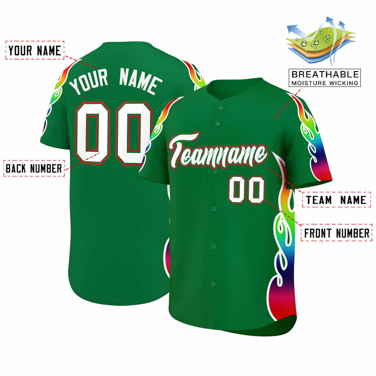Custom Kelly Green Graffiti Pattern Personalized Multicolored Flames Print Authentic Baseball Jersey
