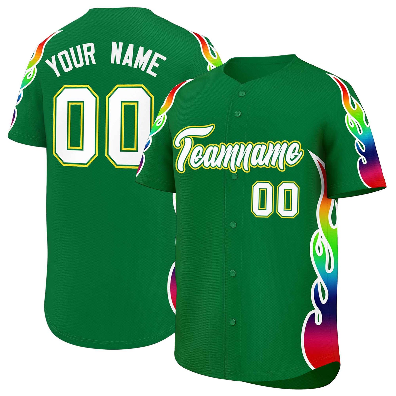 Custom Kelly Green Graffiti Pattern Personalized Multicolored Flames Print Authentic Baseball Jersey