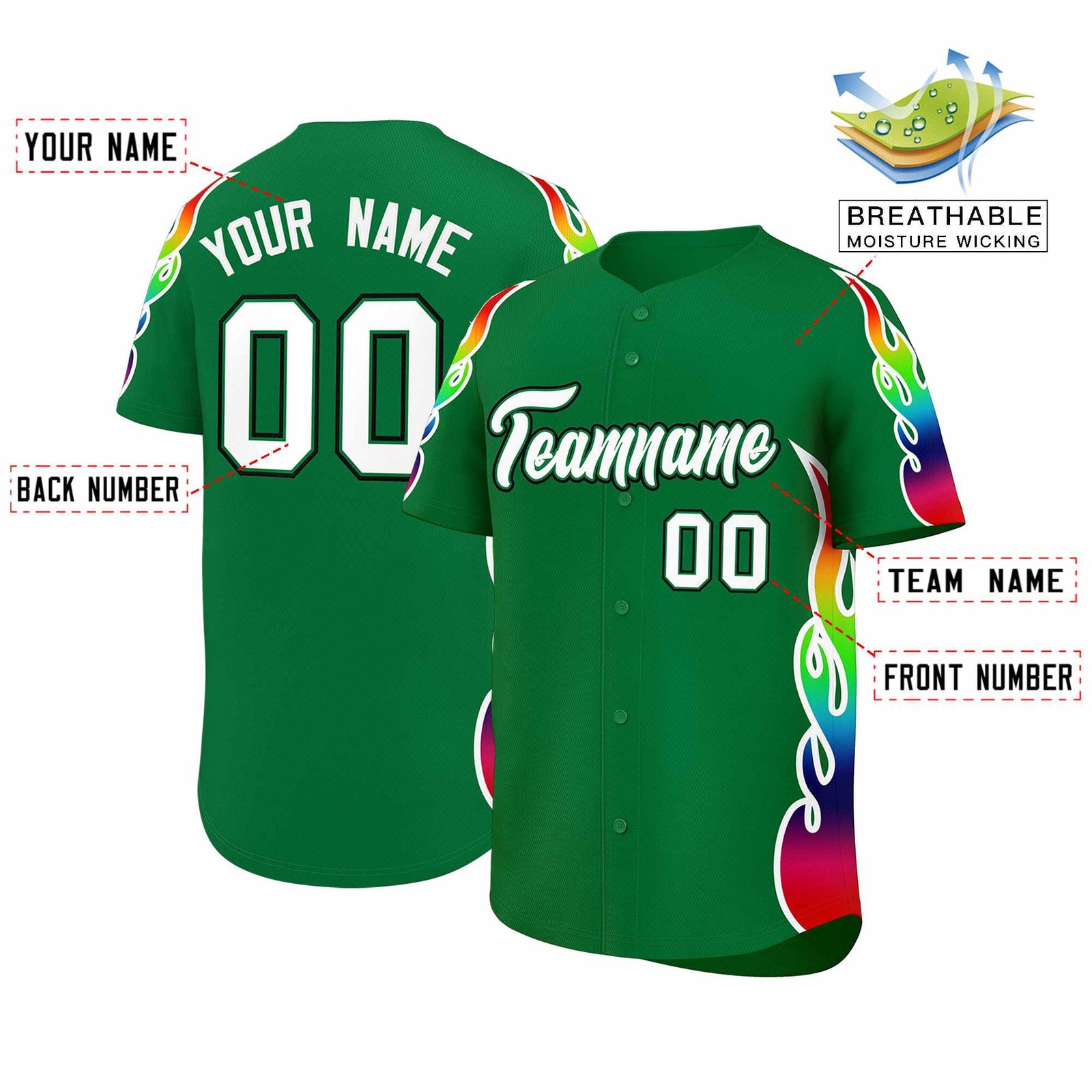 Custom Kelly Green Graffiti Pattern Personalized Multicolored Flames Print Authentic Baseball Jersey
