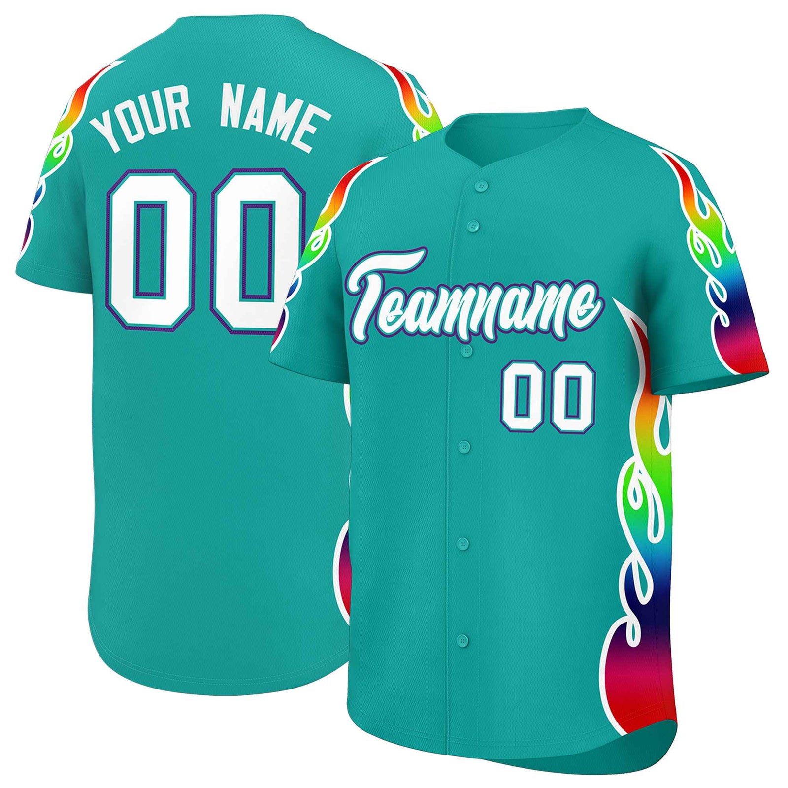 Custom Aqua Graffiti Pattern Personalized Multicolored Flames Print Authentic Baseball Jersey