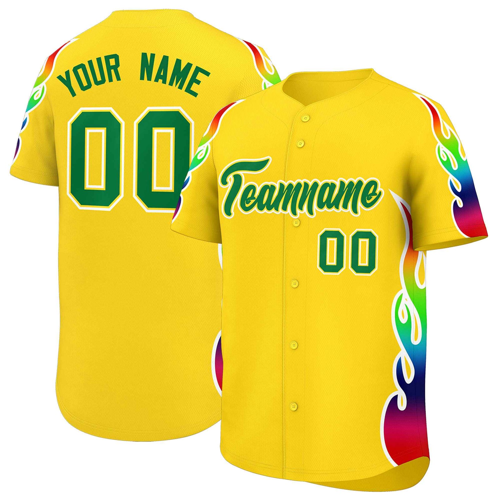 Custom Gold Graffiti Pattern Personalized Multicolored Flames Print Authentic Baseball Jersey