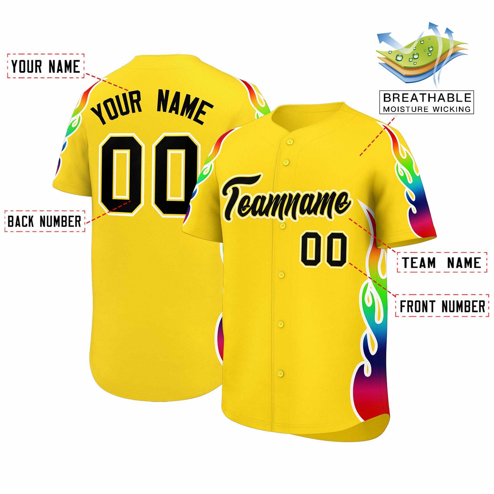 Custom Gold Graffiti Pattern Personalized Multicolored Flames Print Authentic Baseball Jersey