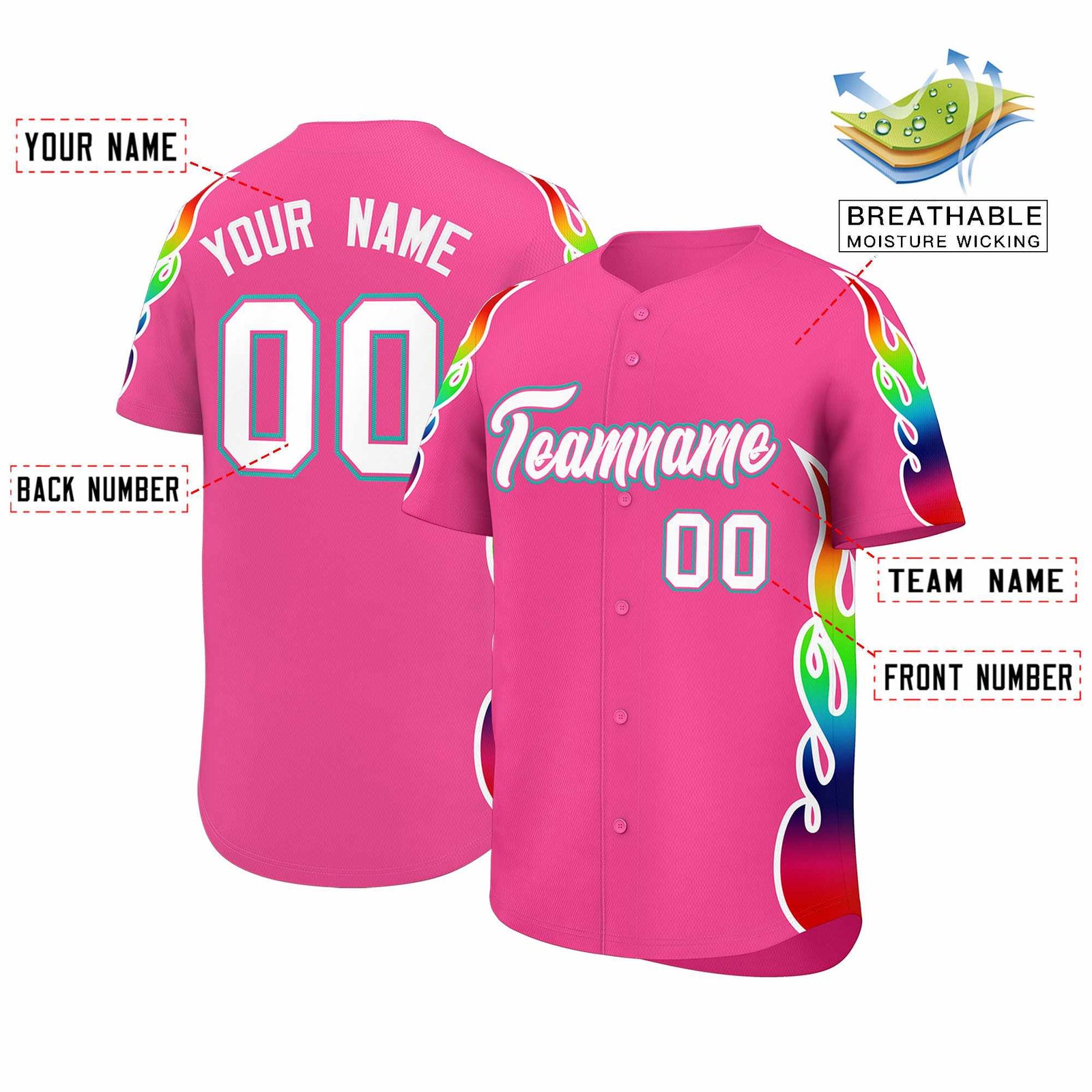Custom Pink Graffiti Pattern Personalized Multicolored Flames Print Authentic Baseball Jersey