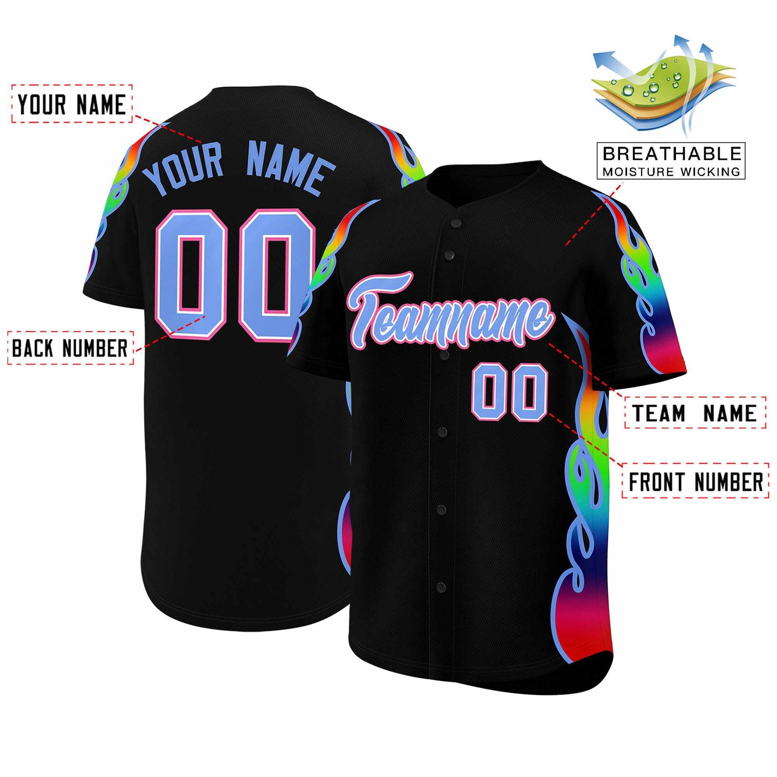 Custom Black Graffiti Pattern Personalized Multicolored Flames Print Authentic Baseball Jersey