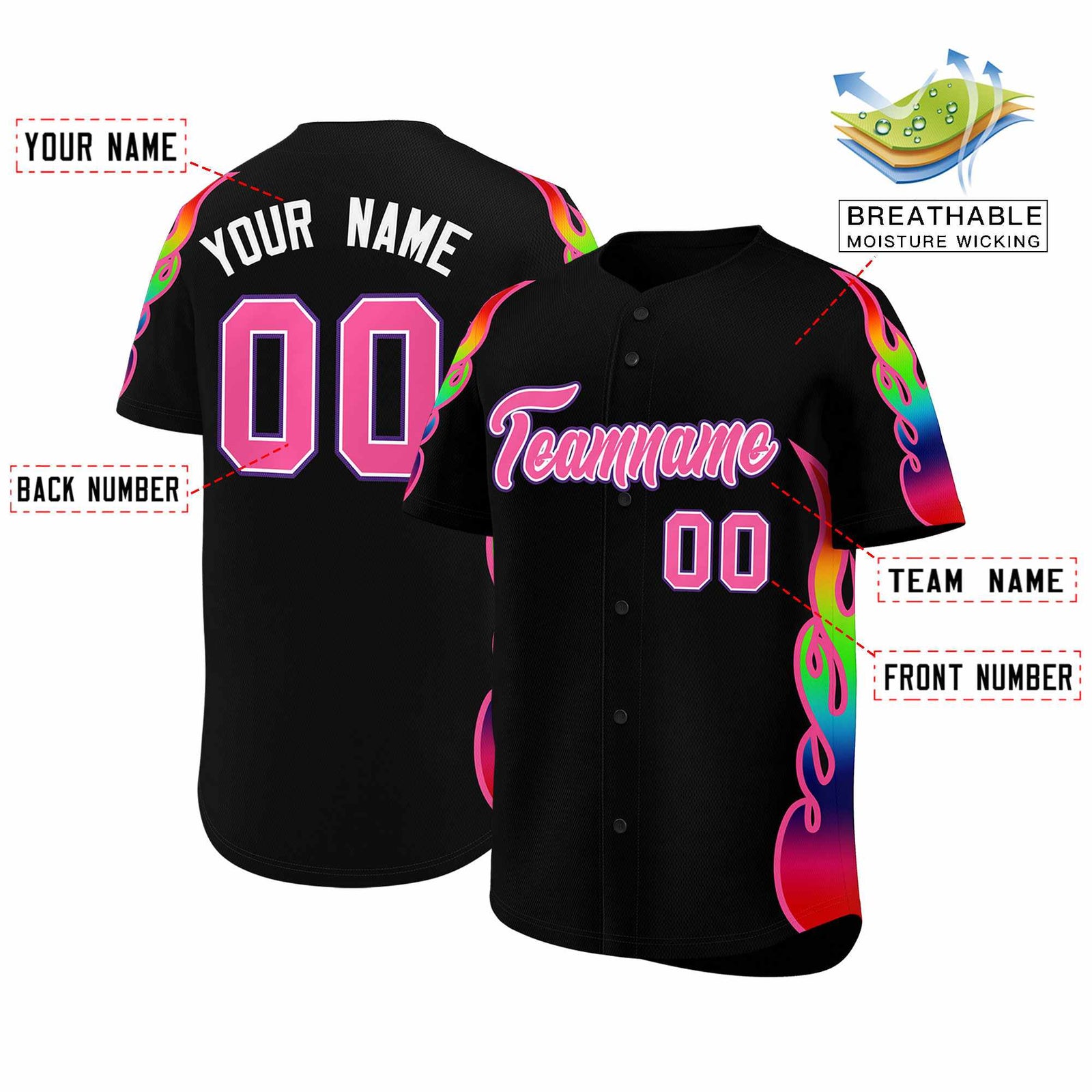 Custom Black Graffiti Pattern Personalized Multicolored Flames Print Authentic Baseball Jersey