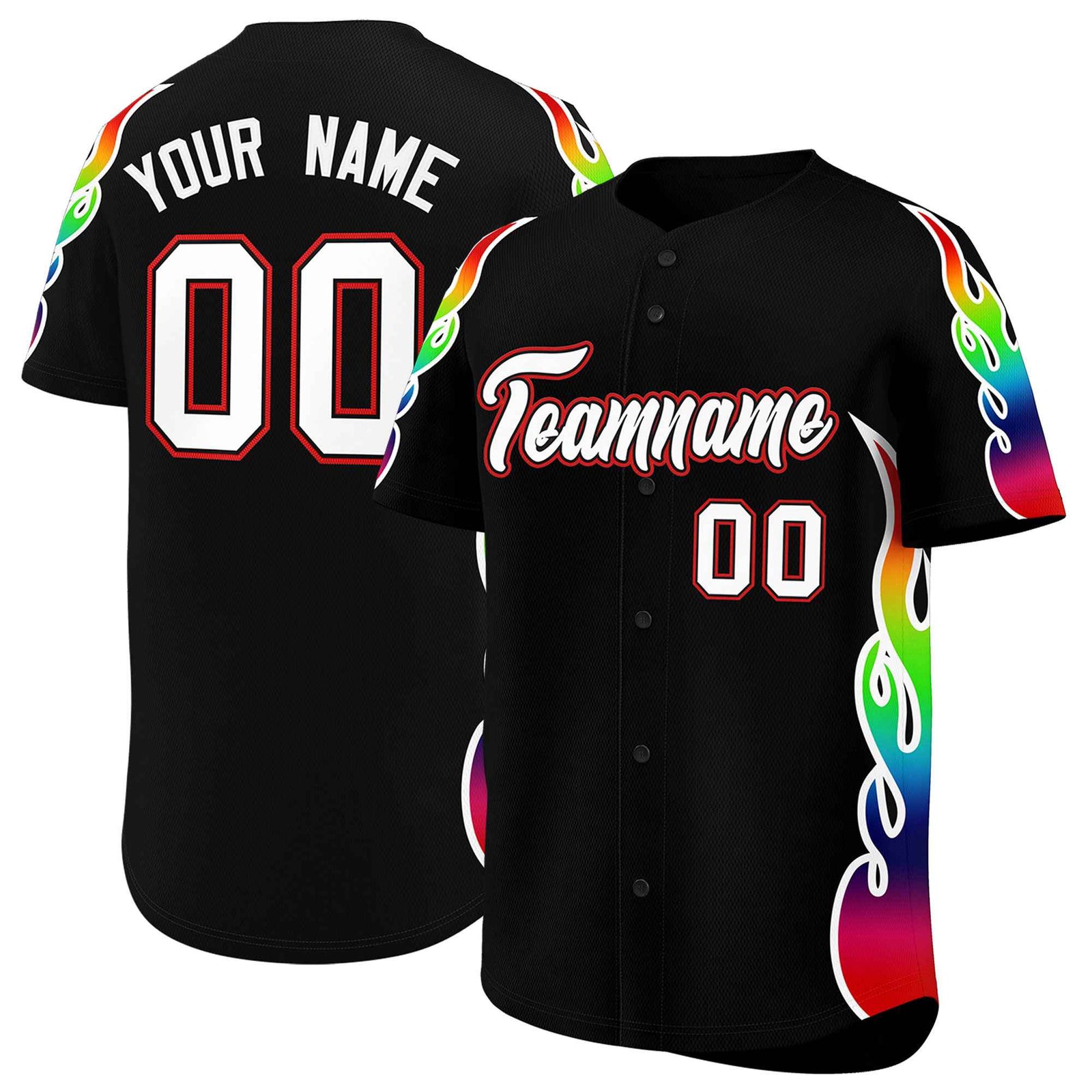 Custom Black Graffiti Pattern Personalized Multicolored Flames Print Authentic Baseball Jersey