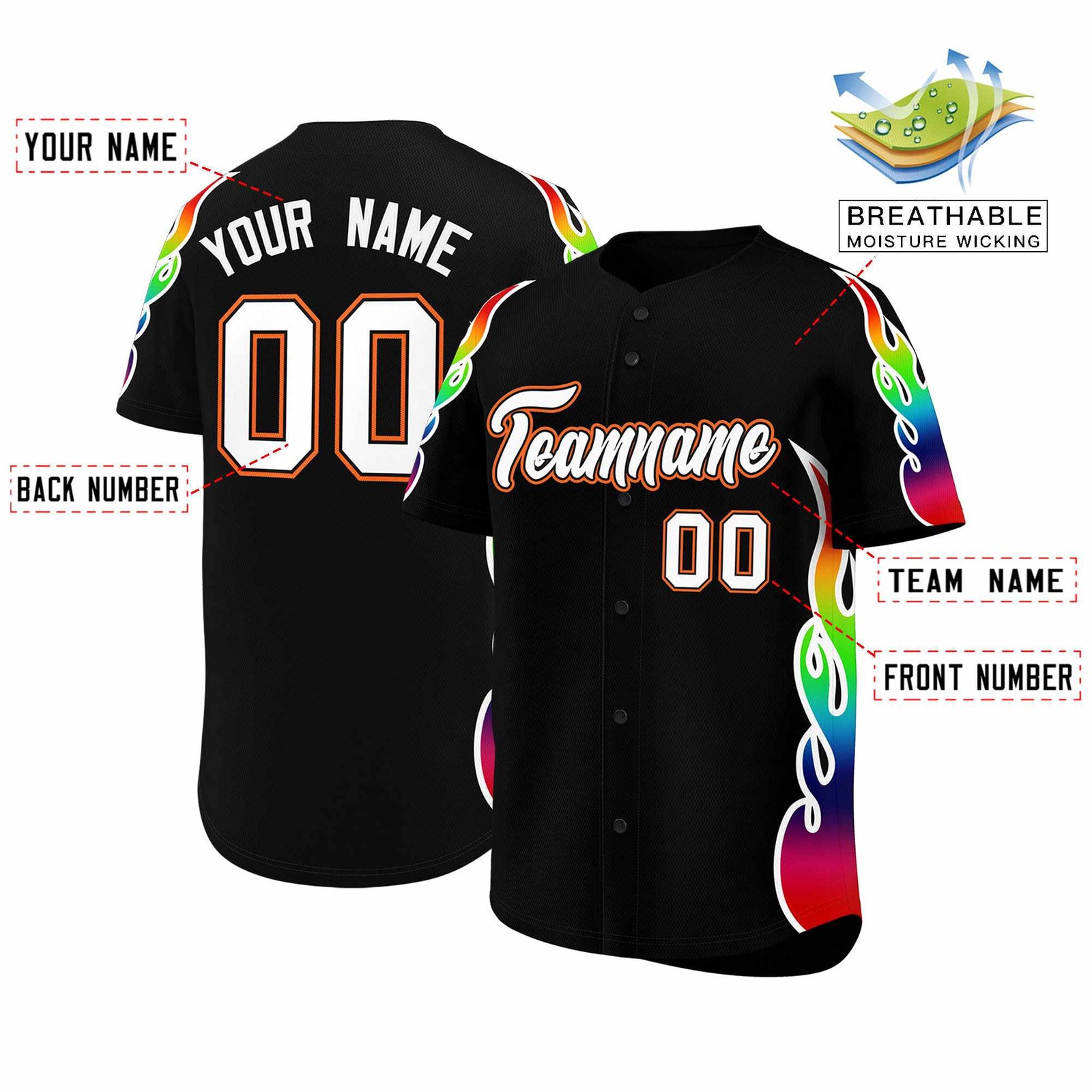 Custom Black Graffiti Pattern Personalized Multicolored Flames Print Authentic Baseball Jersey