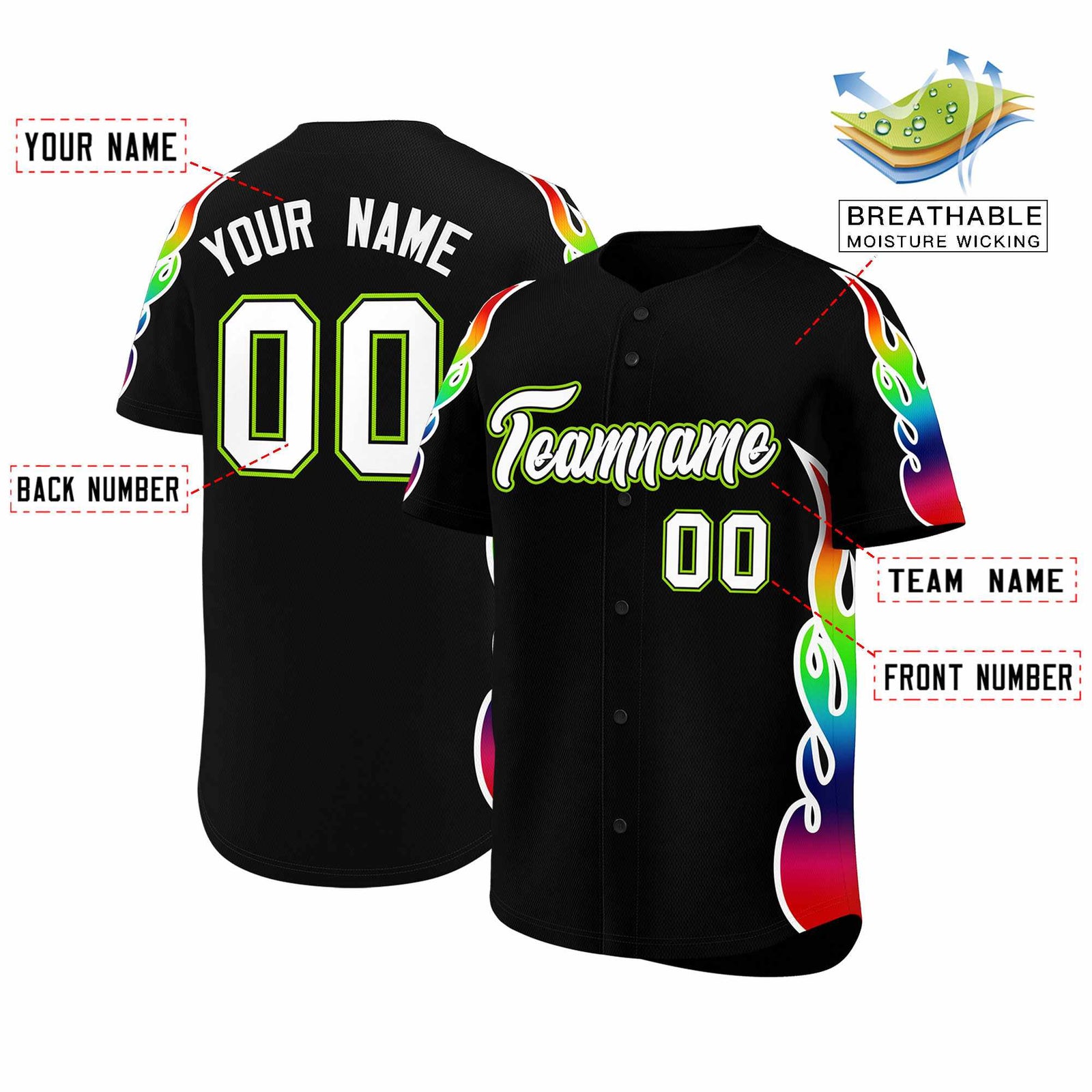 Custom Black Graffiti Pattern Personalized Multicolored Flames Print Authentic Baseball Jersey