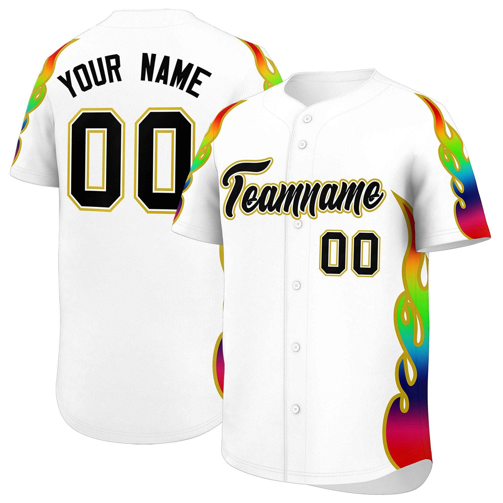 Custom White Graffiti Pattern Personalized Multicolored Flames Print Authentic Baseball Jersey