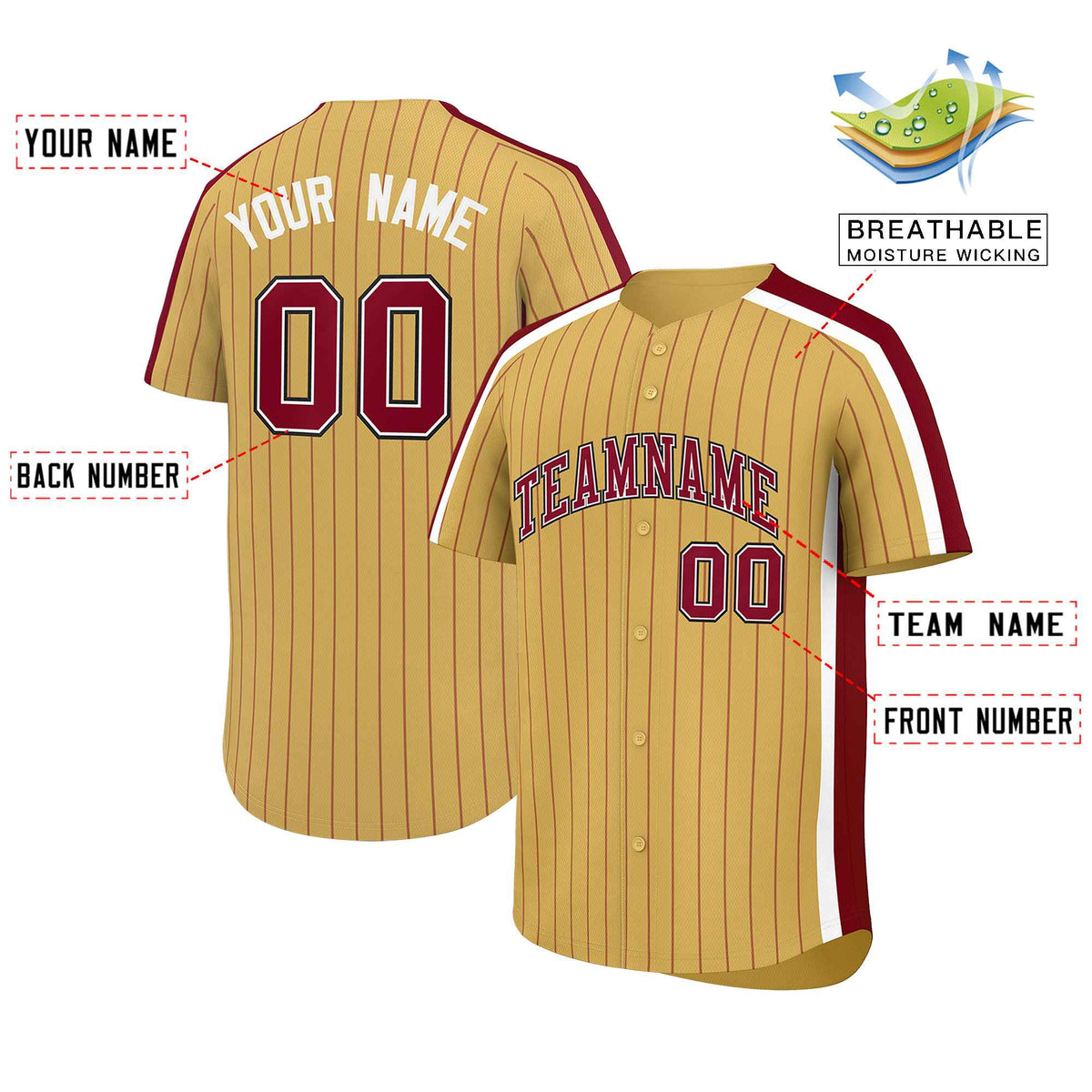 Custom Khaki Crimson Pinstripe Personalized Side Two-tone Authentic Baseball Jersey