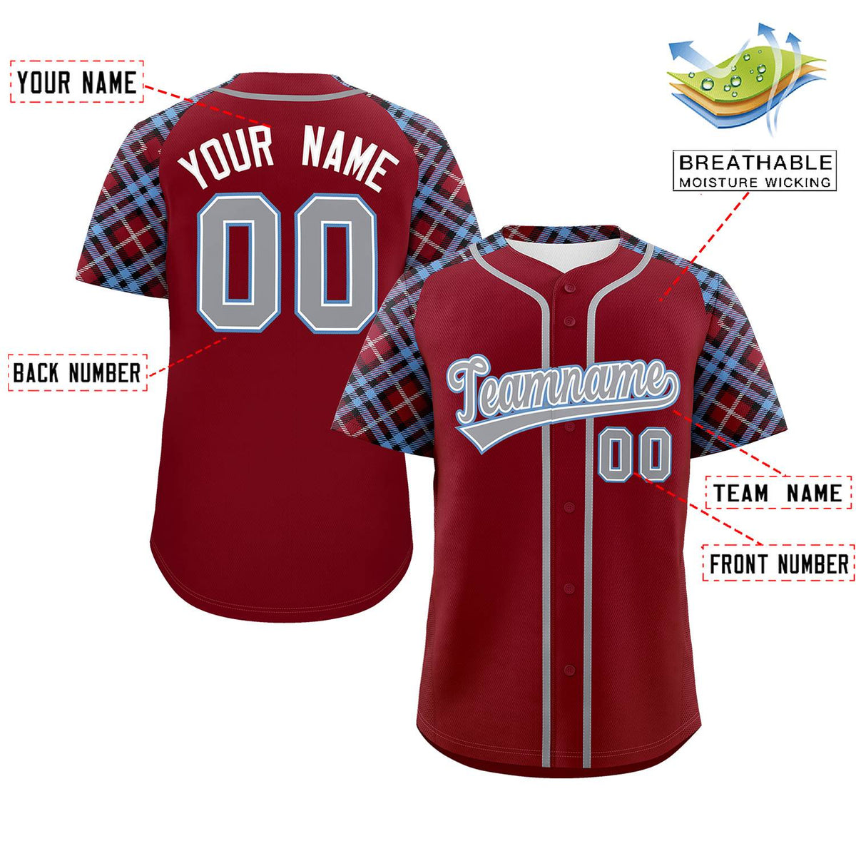 Custom Crimson Gray-Light Blue Personalized Raglan Sleeves Authentic Baseball Jersey