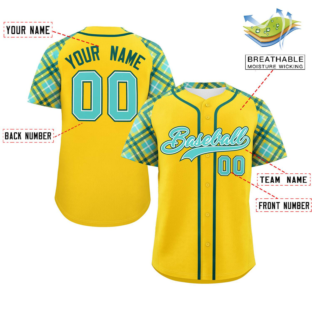 Custom Gold Bright Green-Midnight Green Personalized Raglan Sleeves Authentic Baseball Jersey