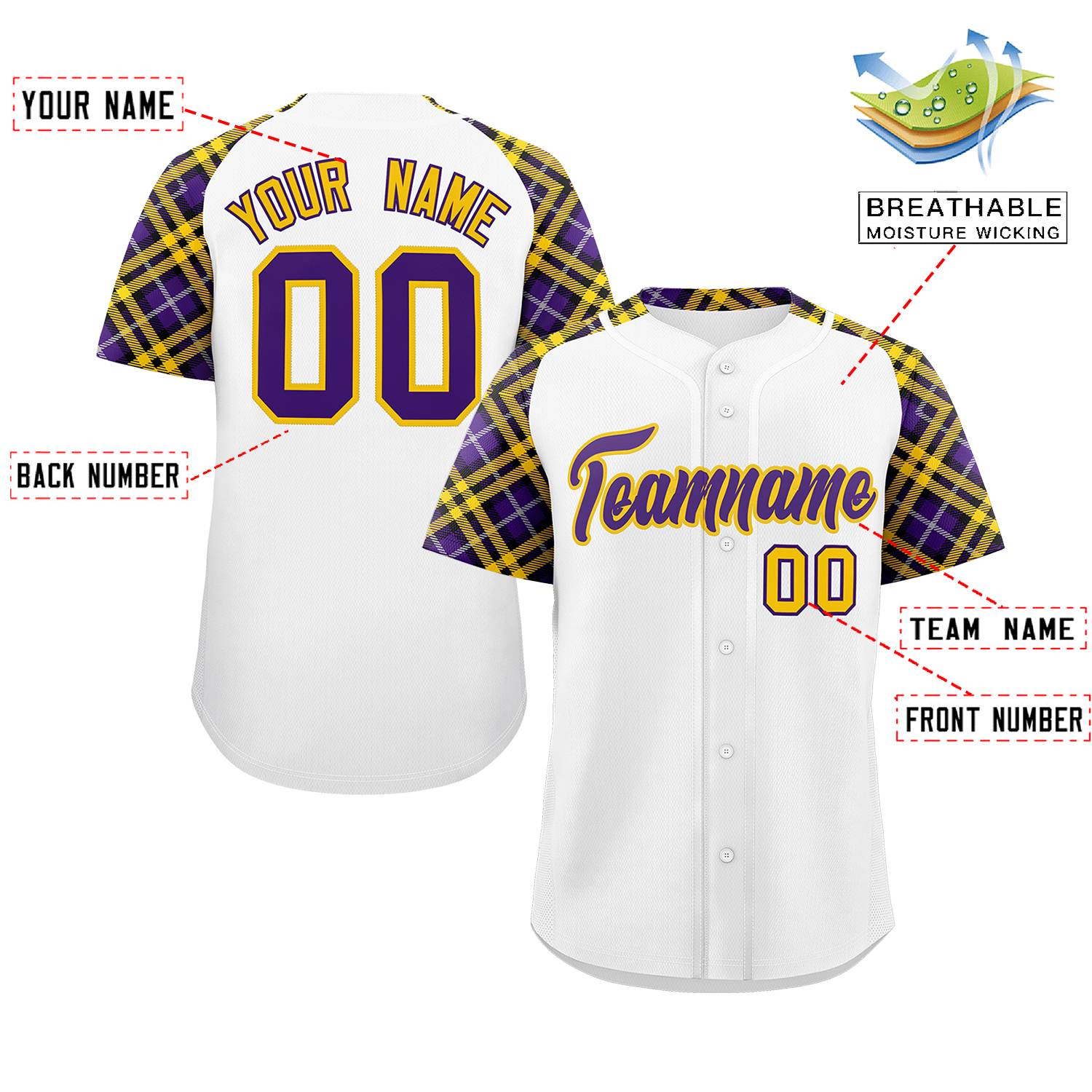 Custom White Purple-Gold Personalized Raglan Sleeves Authentic Baseball Jersey