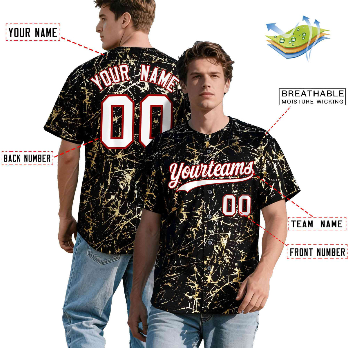 Custom Black White Black&amp;Gold Marble Print Clubwear Party Streetwear Baseball Jersey