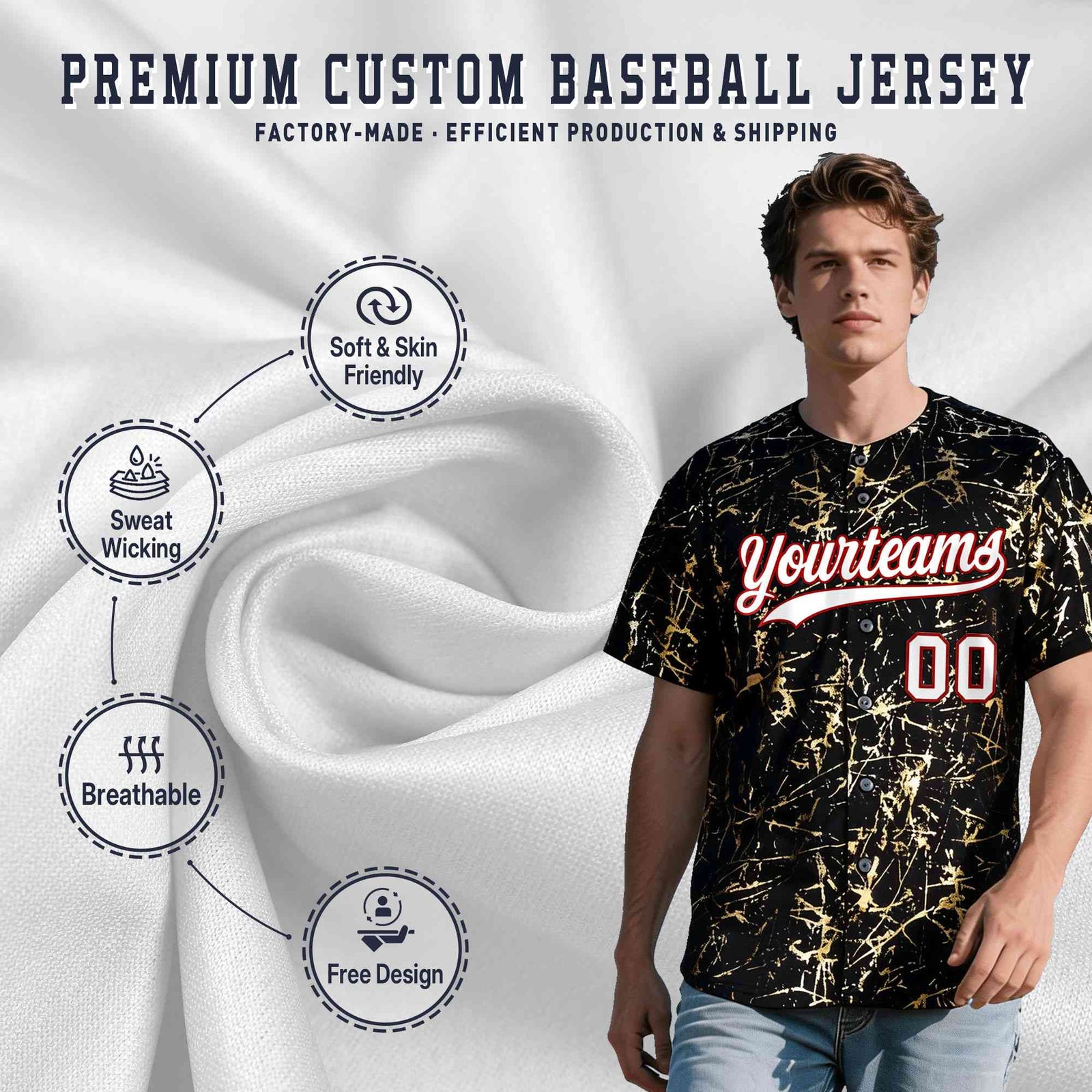 Custom Black White Black&Gold Marble Print Clubwear Party Streetwear Baseball Jersey