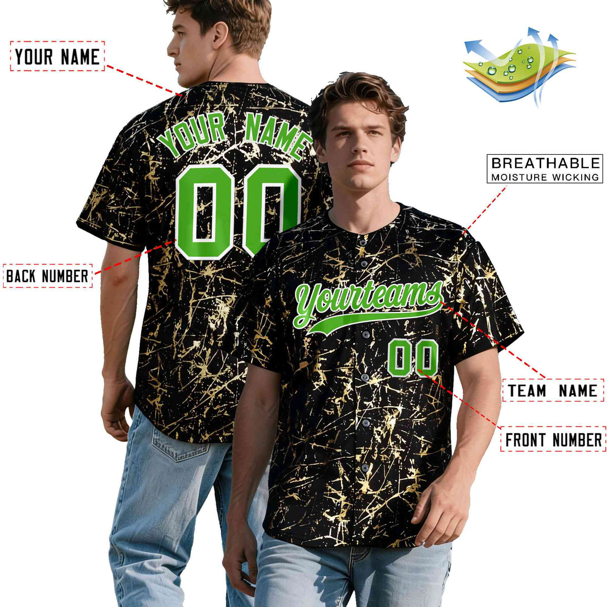Custom Black Light Green Metallic Gold Splatter Breathable&amp;Wrinkle-Resistant Baseball Jersey