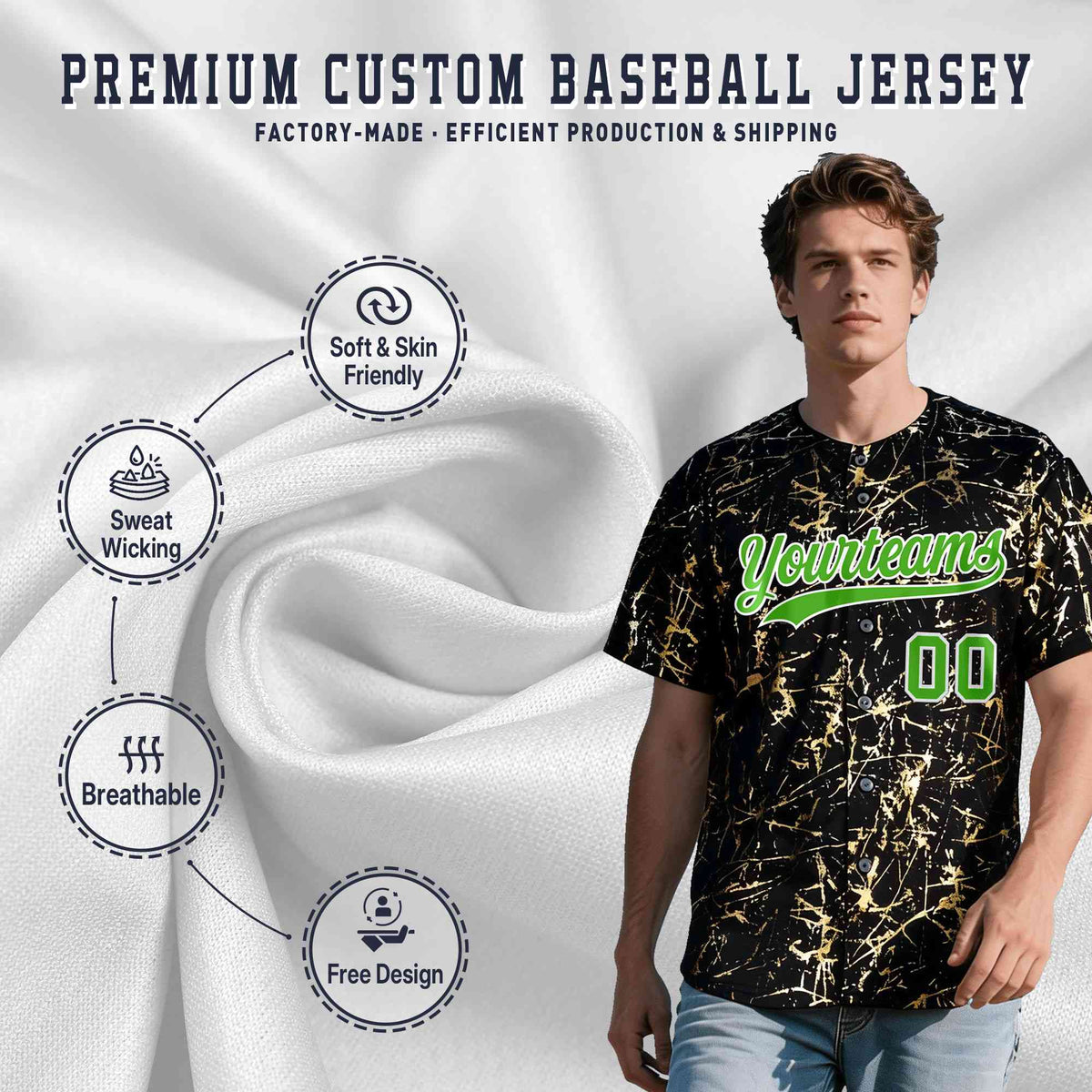 Custom Black Light Green Metallic Gold Splatter Breathable&amp;Wrinkle-Resistant Baseball Jersey