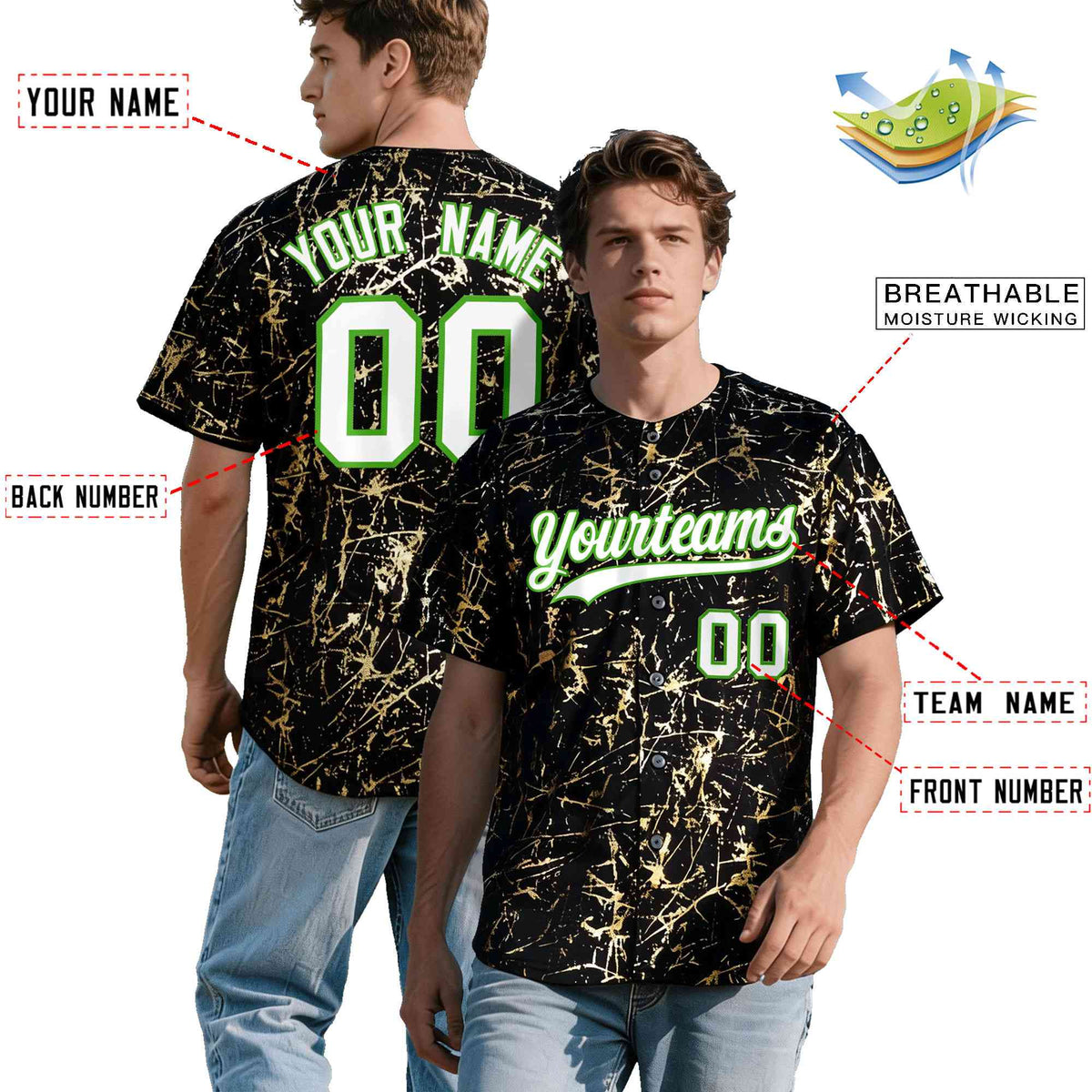 Custom Black White Black&amp;Gold Marble Print Clubwear Party Streetwear Baseball Jersey