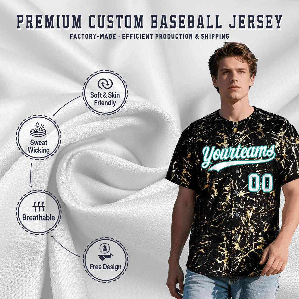 Custom Black White Black&amp;Shiny Gold Cracked Foil Breathable Mesh Streetwear Baseball Jersey
