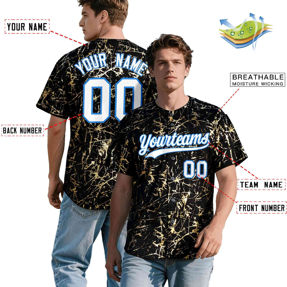 Custom Black White Black&amp;Shiny Gold Cracked Foil Hip Hop Button Down Baseball Jersey