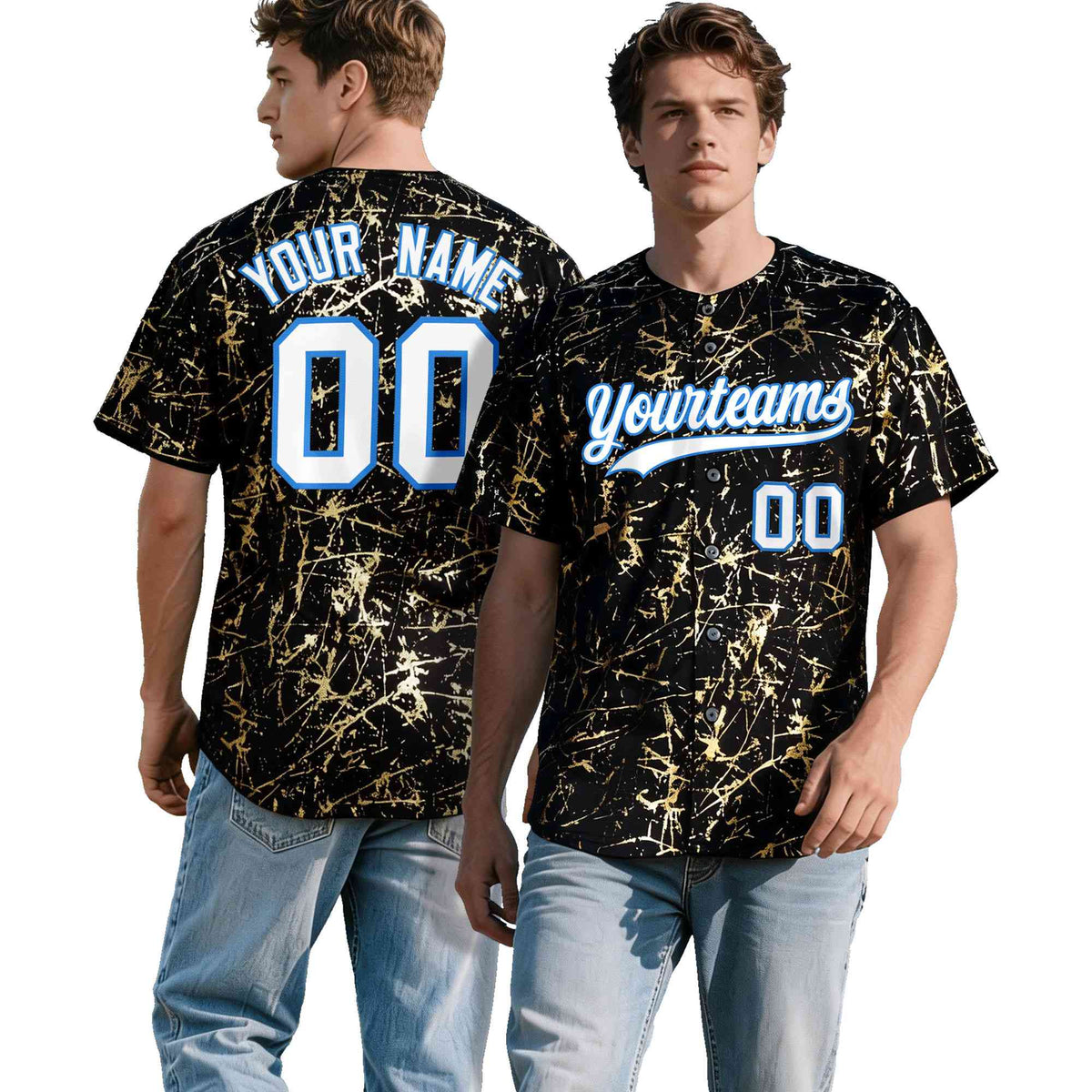 Custom Black White Black&amp;Shiny Gold Cracked Foil Hip Hop Button Down Baseball Jersey