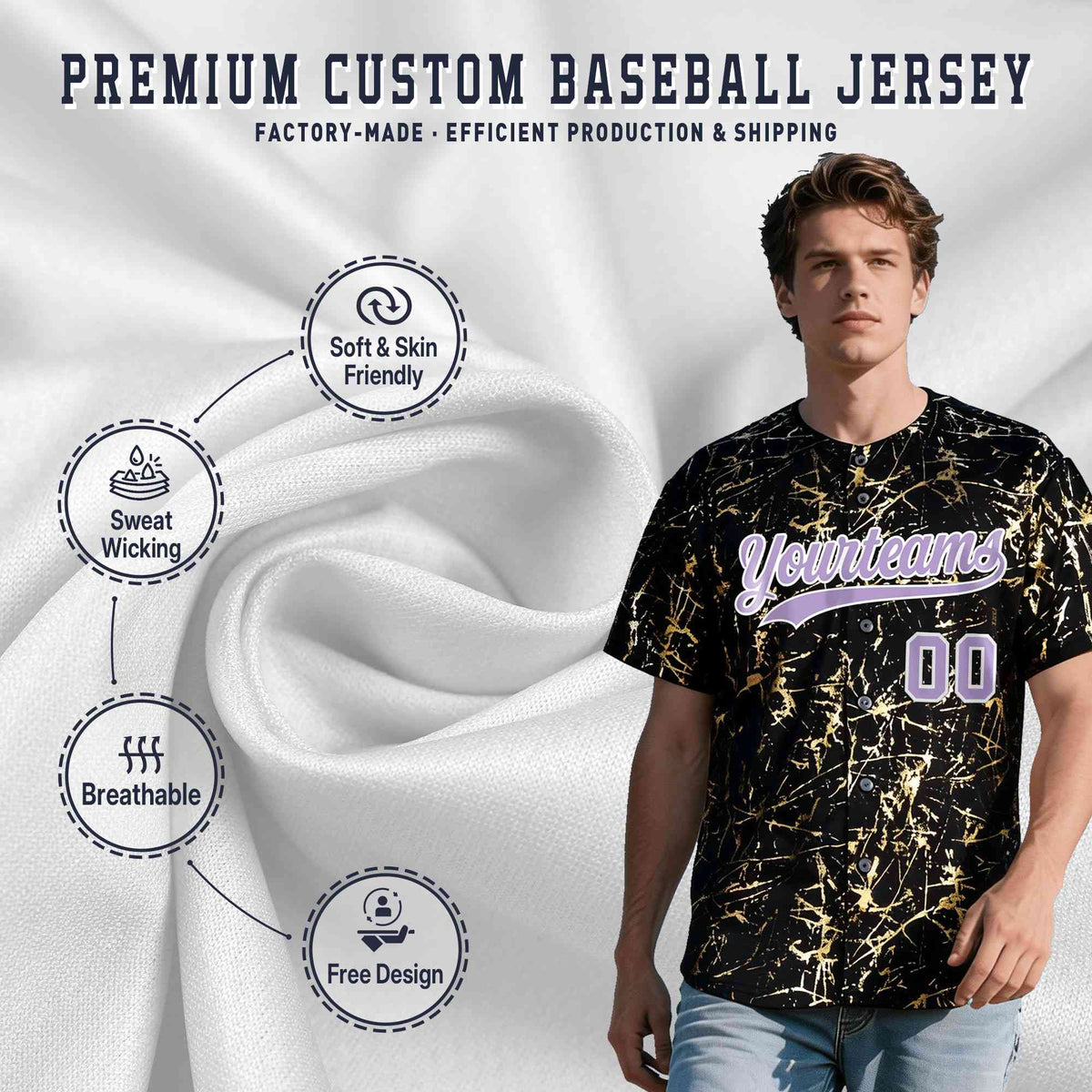 Custom Black Light Purple Metallic Gold Splatter Breathable&amp;Wrinkle-Resistant Baseball Jersey
