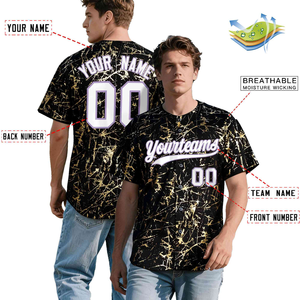 Custom Black White Black&amp;Gold Marble Print Clubwear Party Streetwear Baseball Jersey