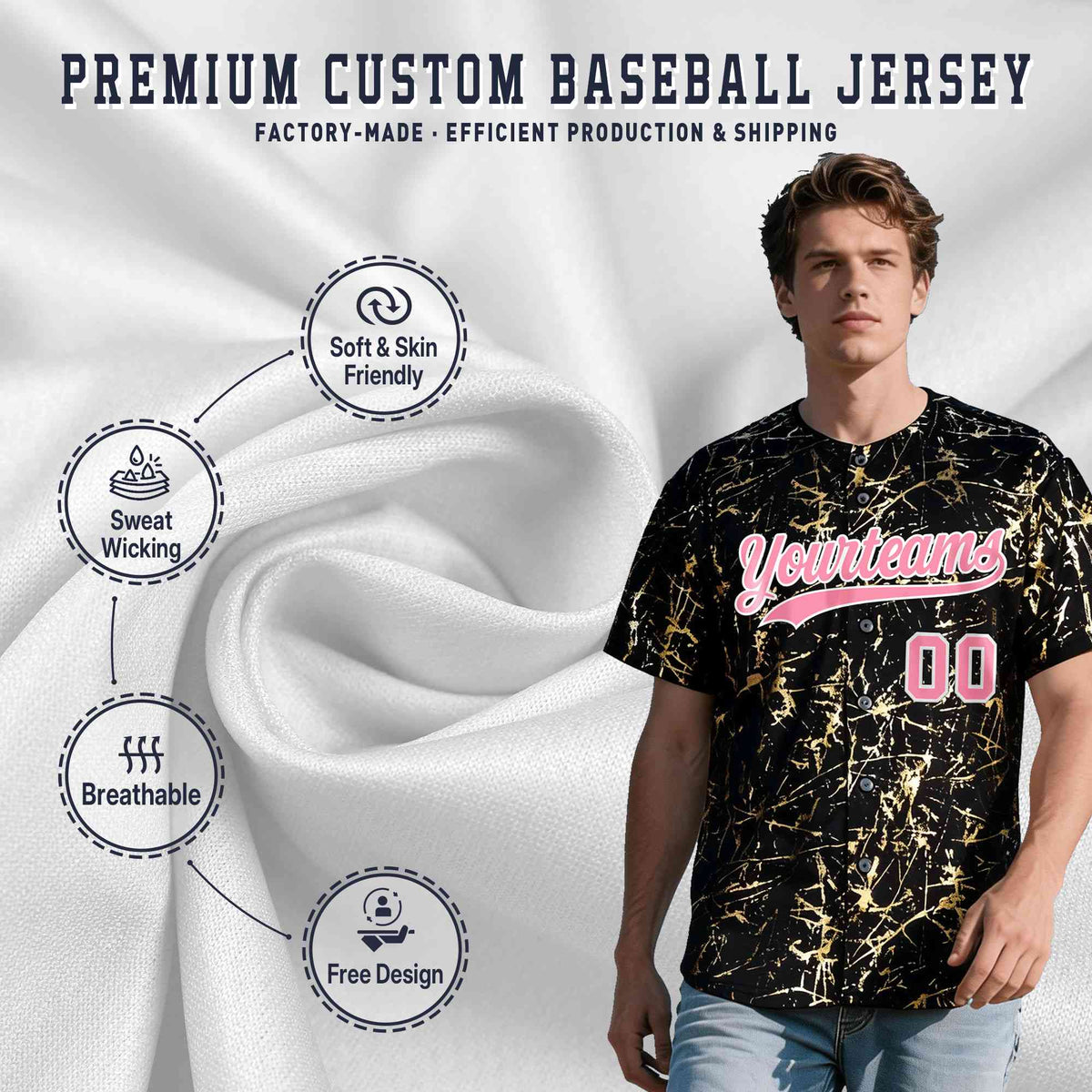 Custom Black Light Pink Metallic Gold Splatter Urban Streetwear Baseball Jersey