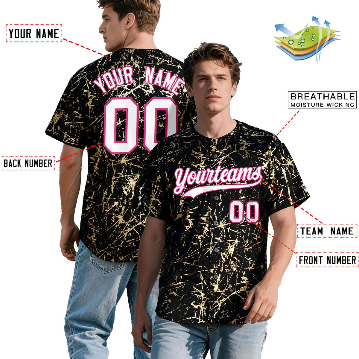 Custom Black White Black&amp;Shiny Gold Cracked Foil Hip Hop Button Down Baseball Jersey