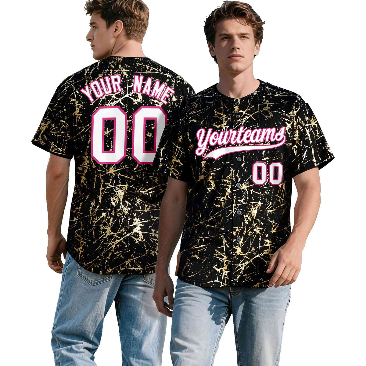 Custom Black White Black&amp;Shiny Gold Cracked Foil Hip Hop Button Down Baseball Jersey