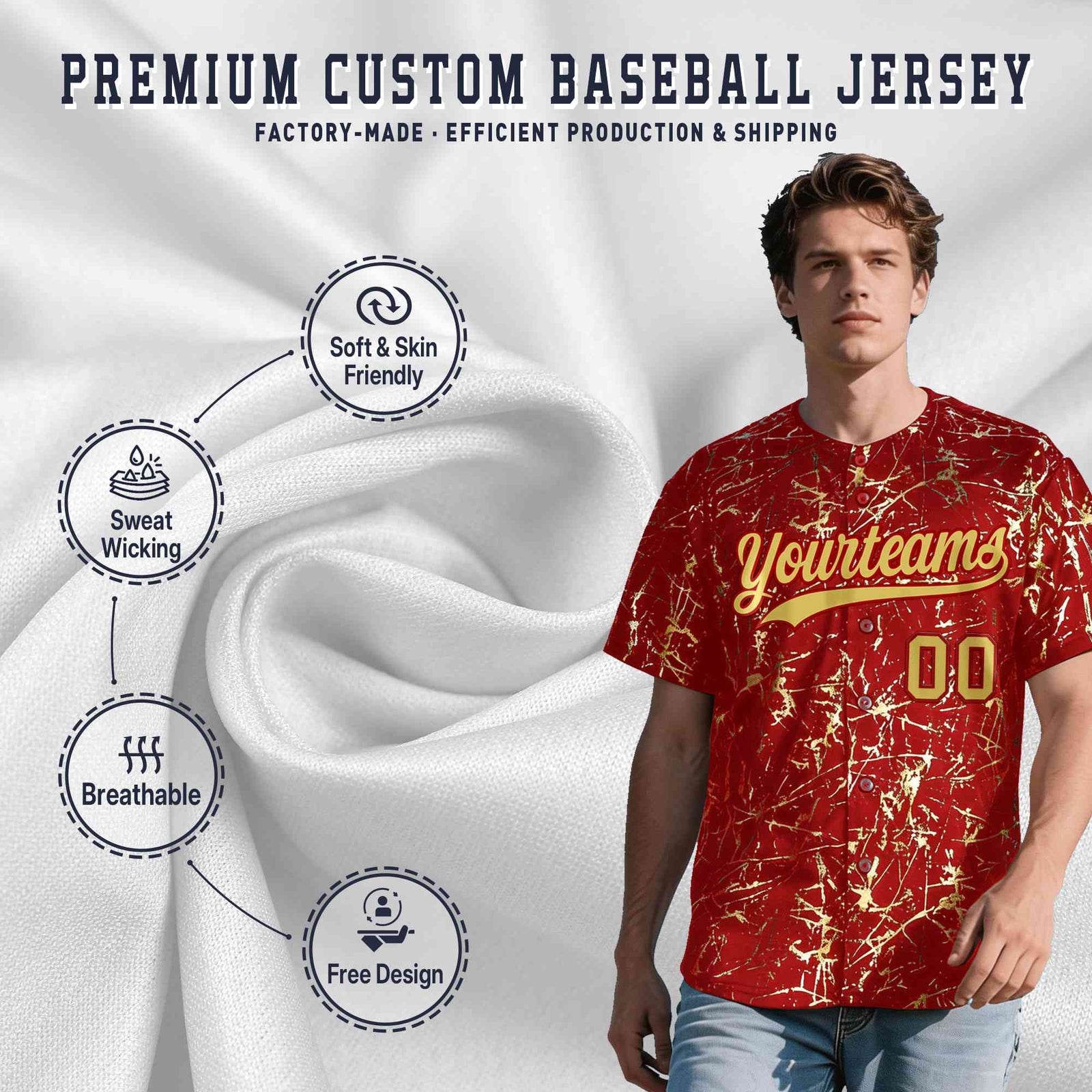 Custom Red Old Gold Black&Gold Marble Print Clubwear Party Streetwear Baseball Jersey