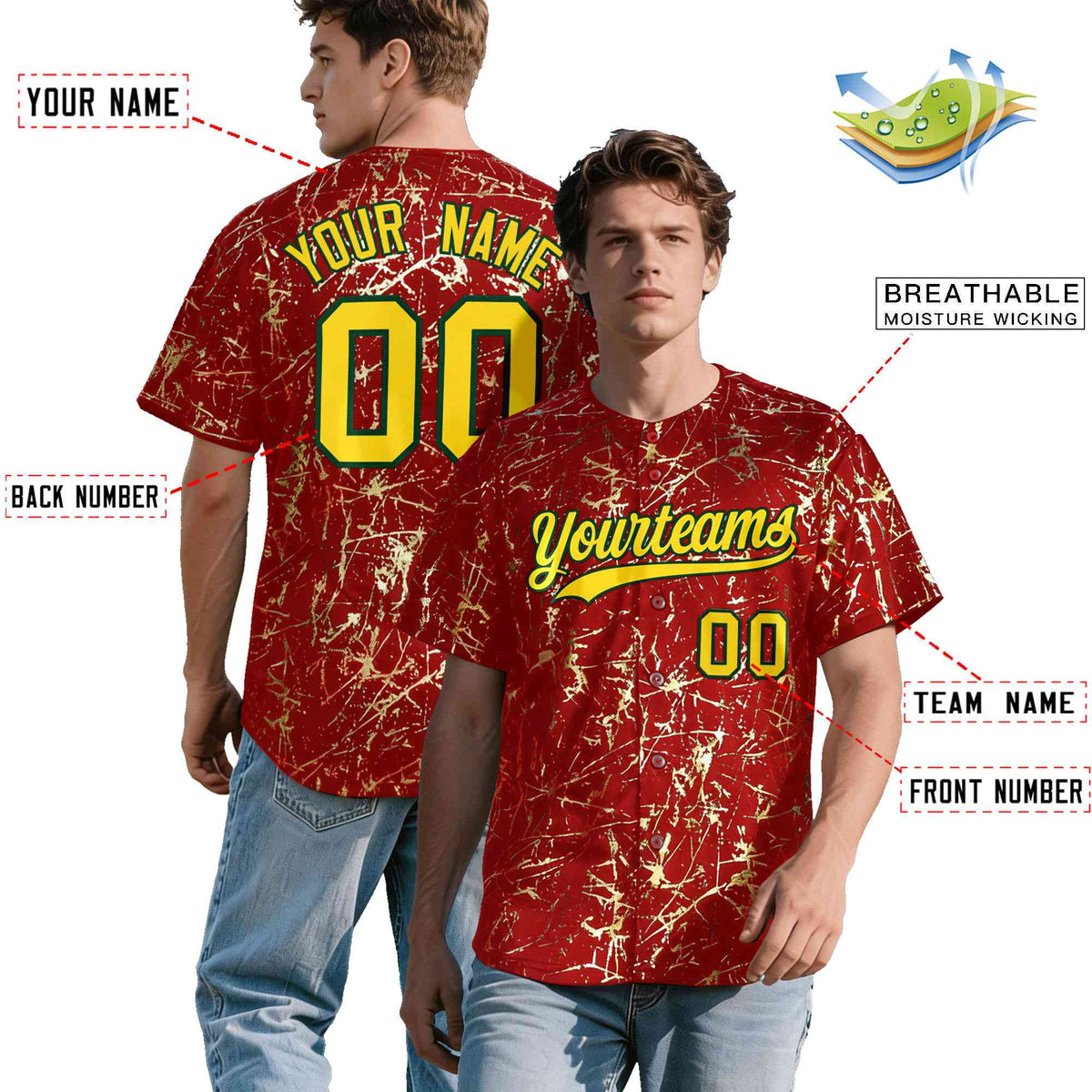 Custom Red Gold Black&amp;Shiny Gold Cracked Foil Breathable Mesh Streetwear Baseball Jersey