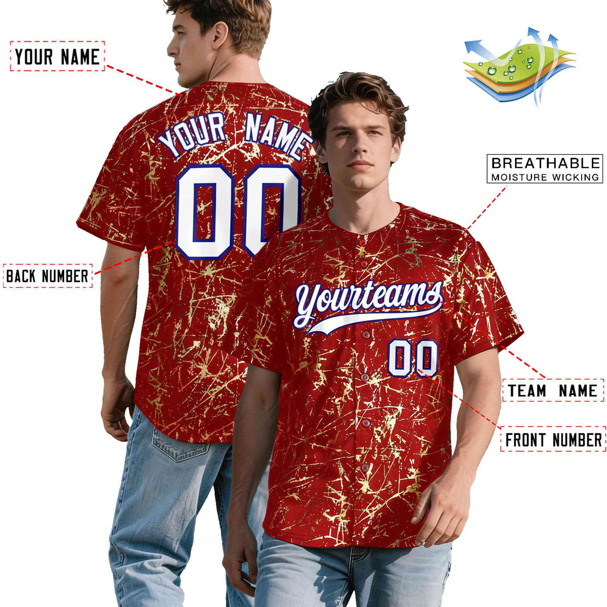 Custom Red White Black&amp;Shiny Gold Cracked Foil Hip Hop Button Down Baseball Jersey
