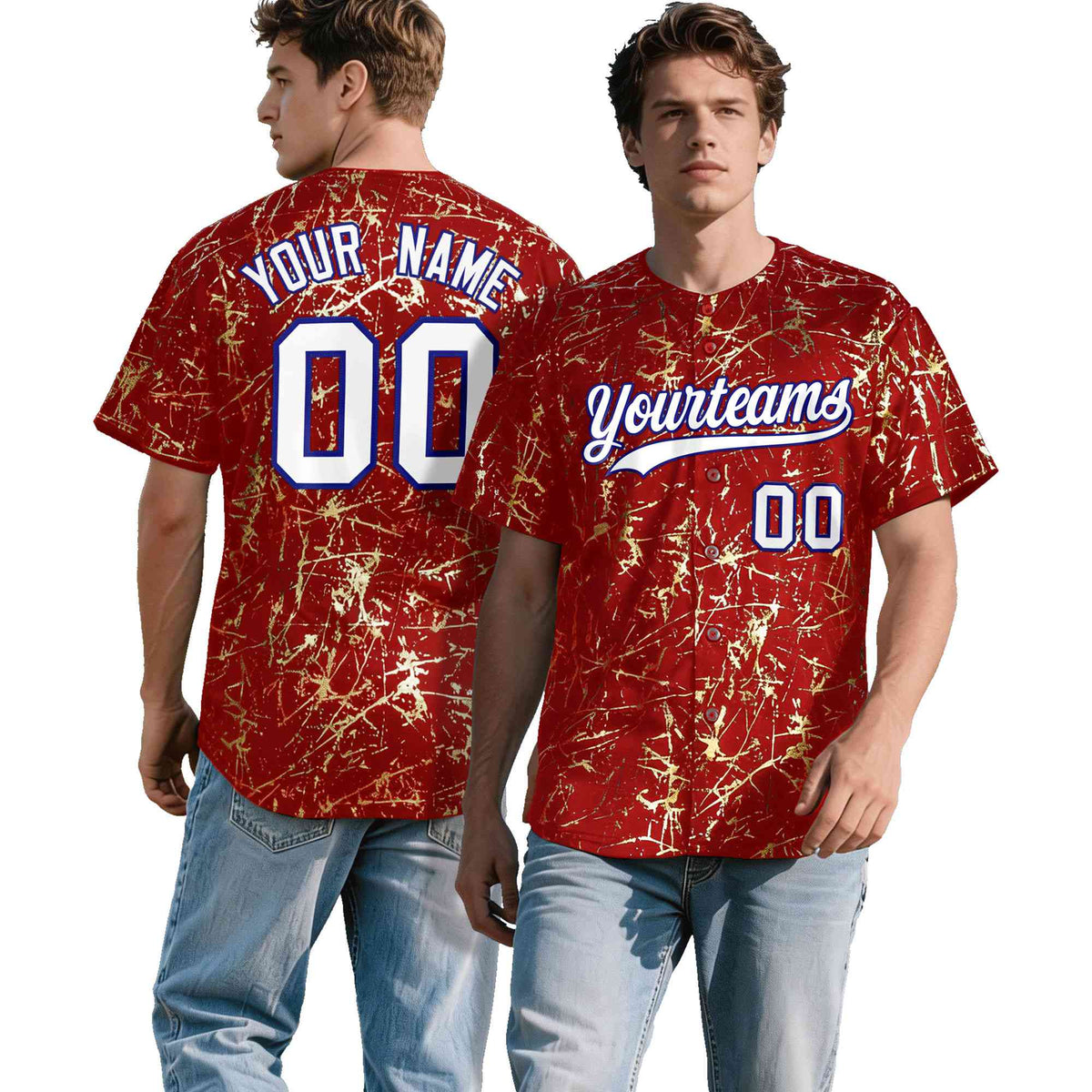 Custom Red White Black&amp;Shiny Gold Cracked Foil Hip Hop Button Down Baseball Jersey